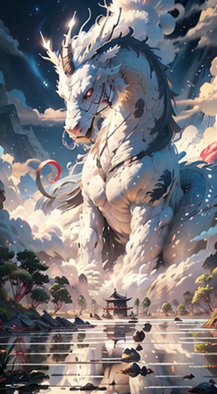 Chinese Kirin Illustration, Ancient China, Azuma Kiyohiko, Wu Guanzhong, original-painting-design, game-cg, natural environment, Calm, Emperor, Sacred Light, people kneeling, white, dragon horn, whole body, wings, complex content, Sacred, super wide Angle, extreme panorama, extremely low perspective