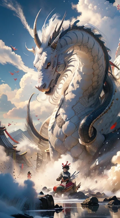 Chinese Kirin Illustration, Ancient China, Azuma Kiyohiko, Wu Guanzhong, original-painting-design, game-cg, natural environment, Calm, Emperor, Sacred Light, people kneeling, white, dragon horn, whole body, wings, complex content, Sacred, super wide Angle, extreme panorama, extremely low perspective