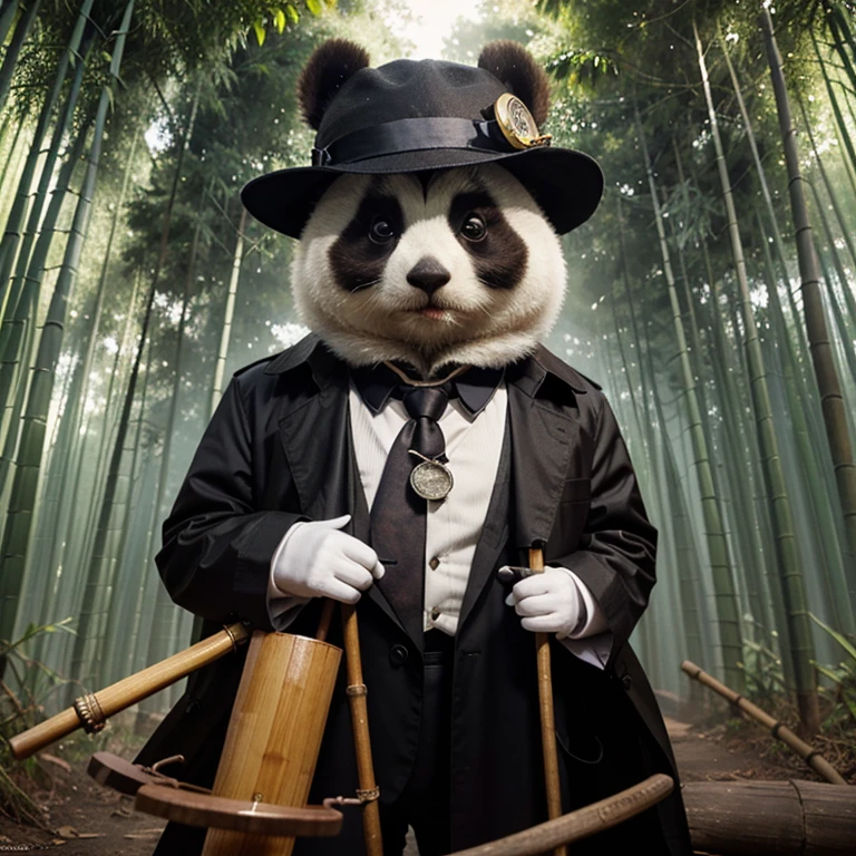 "Create an image of a panda dressed in a detective's outfit, wearing a trench coat and a magnifying glass, investigating a bamboo forest mystery alongside other animal detectives like a squirrel CSI and an owl forensic expert."