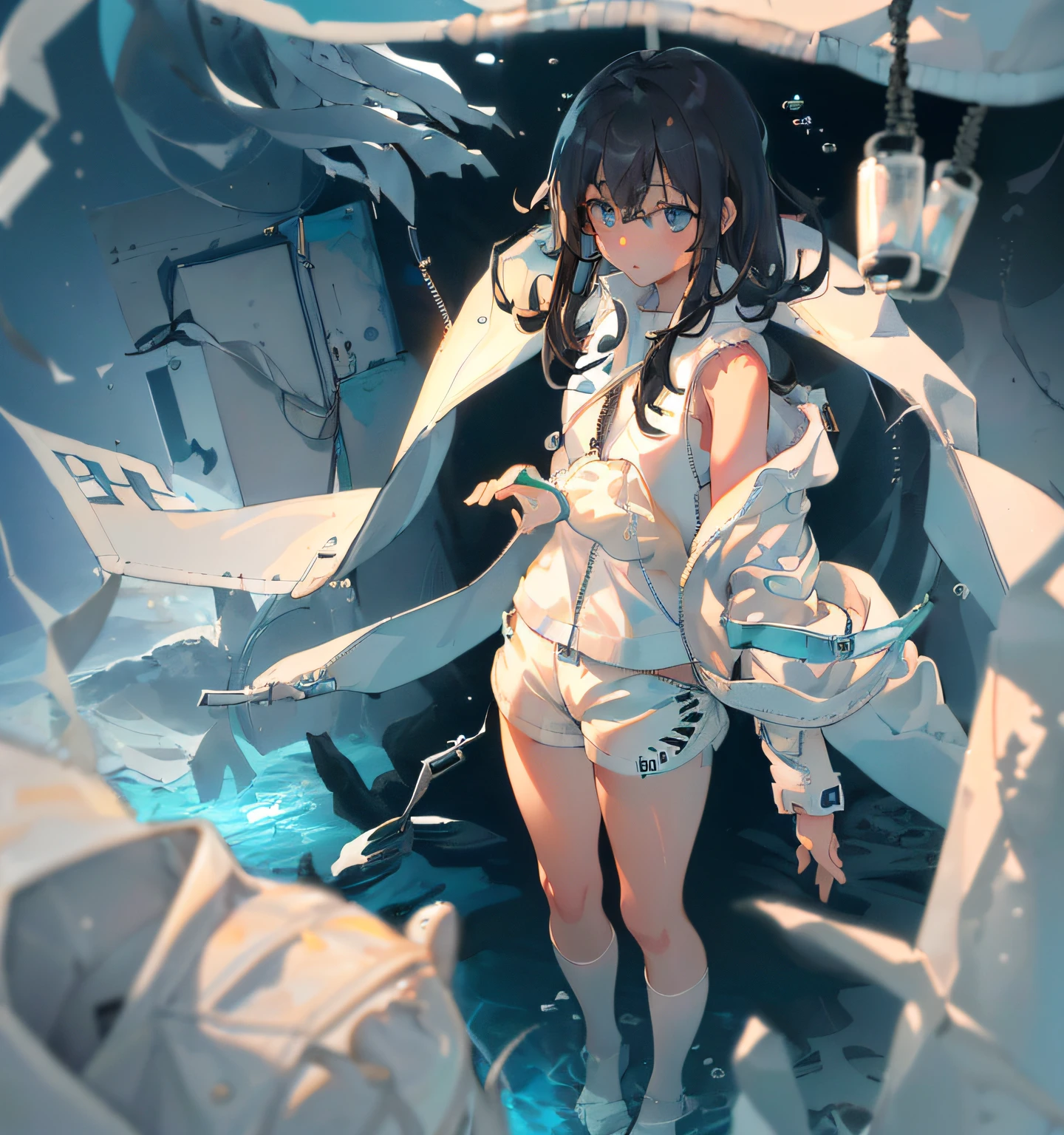 (innocent girl underwater: 1.5),(white_jacket and white_Shorts: 2.0),(gray lace-up boots: 1.4),(greys_eyes and gray_knee high: 1.5),(hairs between eyes: 1.5),(bluish black hair: 1.5),(long hair growing from the temple: 1.5),(Medium Hair: 1.5), The hem and cuffs of the jacket are black,Late s,Solo,Cute,under the water,Deep sea,up looking_で_viewer,Bright face,1girl in, Solo, uneasy,Concept art,Water, Sea, zippers,hoods,(zippers_pull_tab:1.4),(Sleeveless White_Shirt: 1.5) masutepiece, Best Quality, Ultra-detailed,nffsw,Beautiful detailed eyes,Background,Atmospheric perspective, detail,energy, Naturalistic,Beauty,