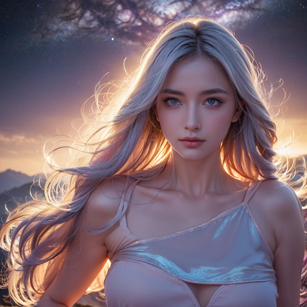 ultra - detailed,(actual,realistically,realistically:1.37),sporty attire,eBlue eyes,White hair,Curly-haired beauty,Her figure is the golden ratio of the human body,Fair and flawless skin,wear lace universe,Interdimensional Traveler,Glowing blue portal in the background,glistening stars,galaxias,The space-time continuum,Cosmic dust floats around her,celestial glow,EtherealBeauty,with a calm expression,captivatinggaze,Interstellar Travel,Colored nebulae,dreamlike landscapes,otherworldly beauty,undying,vibrant with colors,vibrant tones,Lighting light,in pastel shades,Artistic creation,masterful brushstrokes,enchanting atmosphere,Surreal atmosphere,harmonious color palette,Cosmic energy flows through her,The body radiates light and energy,Wonderful atmosphere,otherworldly beauty,Enchanting aura,Universe secrets revealed.