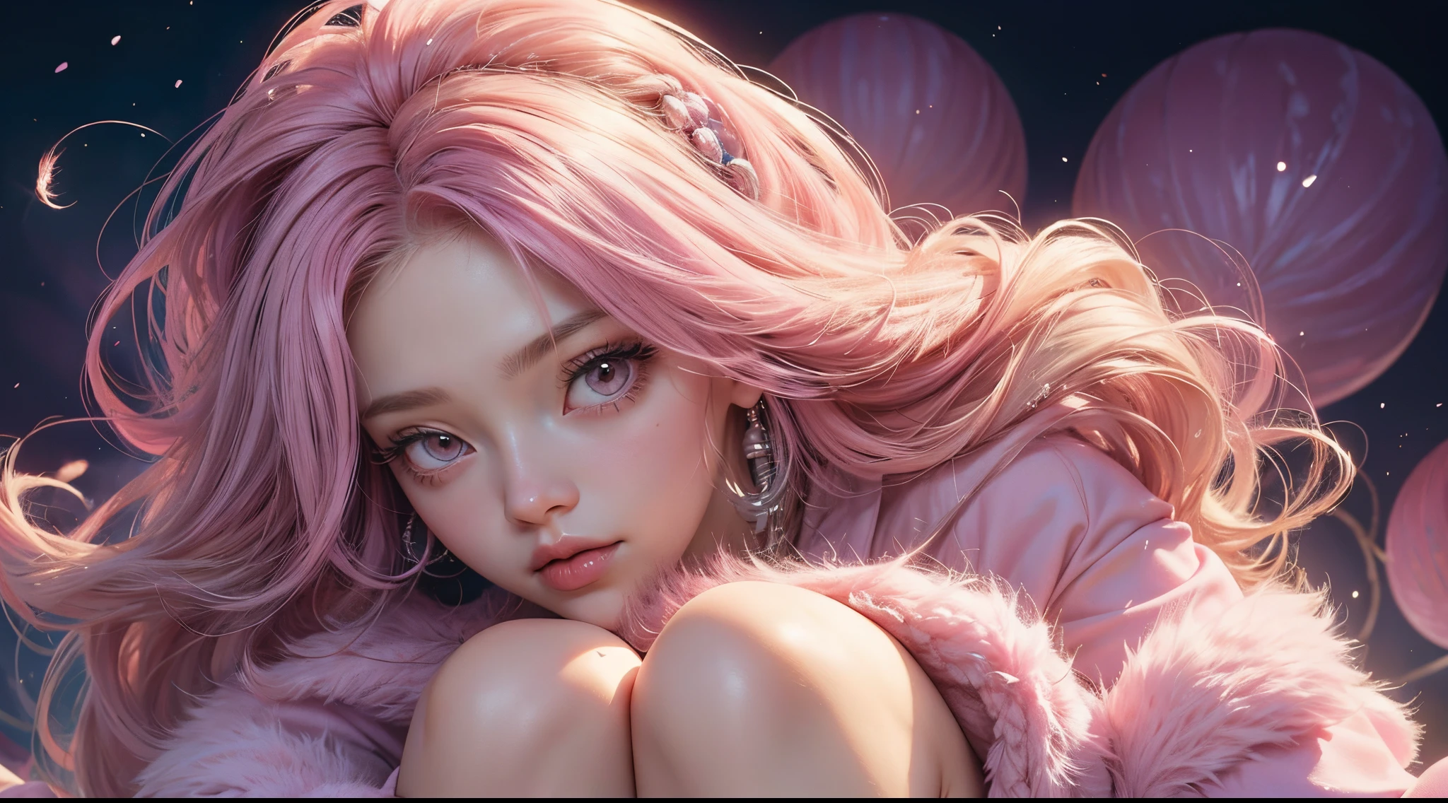 Pink Princess, (Pink-Blue hair), ((big hair)), double eyelid, slender figure, cute expression, perfect skin, (fluffy), pink eyes, (fluffy Particles:1.2), (cute clothing), (NSFW:1.3)