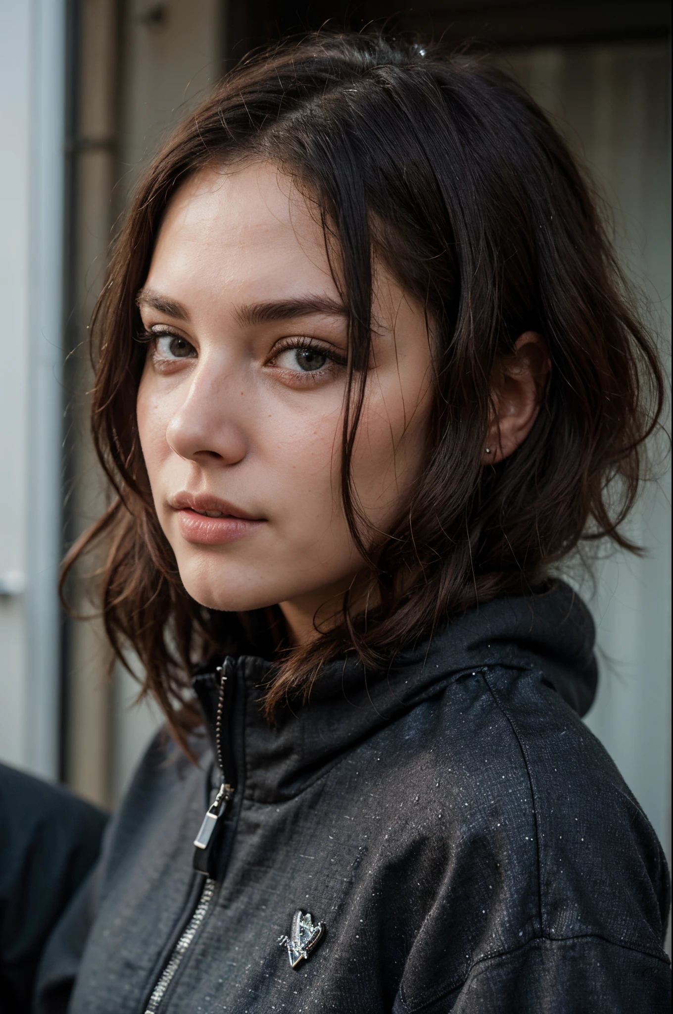 photography of a 20yo woman, perfect face, masterpiece, black_pullover, jacket, black_jeans, close to face, profile picture, close, same face, fully clothed, no brand, seductive,