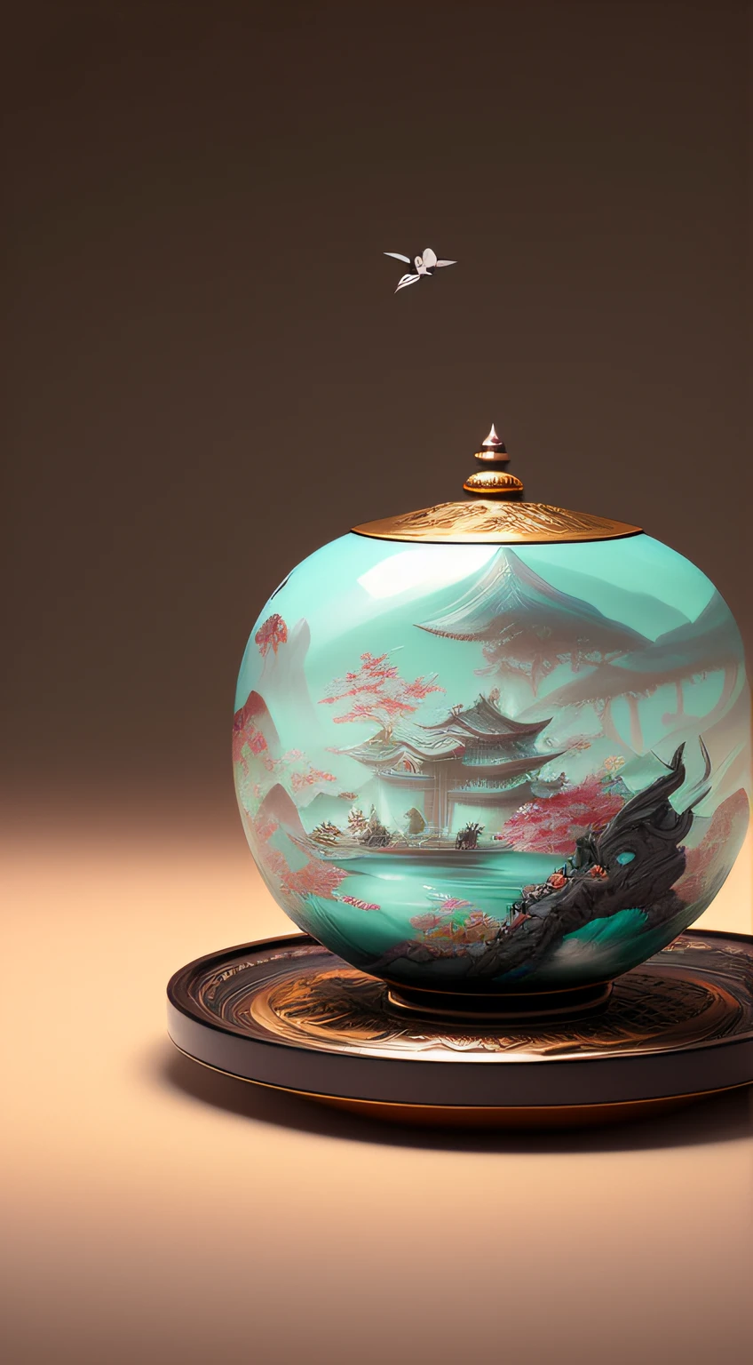 tmasterpiece，Best quality，Transparent and exquisite round tea can，Contains the wonderful world of miniature luminous landscapes, birds and flowers.，Reflecting Chinese tea culture，Zen Buddhism，Tea ceremony etiquette，The lid of the tea can is exquisitely decorated with jade and gold edges.，The bottom of the tea can is decorated with auspicious clouds，Tea cans placed on delicate trays，imagination beyond nature，The artistic conception combining fantasy and reality，stunning art，Zen Buddhism，Tea ceremony etiquette，cloudy feeling，hd render，ultra-realistic realism，Commercial shooting，Advertising style，Frontal ultra-wide-angle panoramic shooting，Center composition，University teacher&#39;t exposure table，A little reflection，Movie HD texture，epic illumination，The center of the bottle will glow，Characters are not displayed，onmyoji detailed art，stylized concept art，Stylized game landscape art，stunning digital illustration，arte renderizada, stylized 3d render
