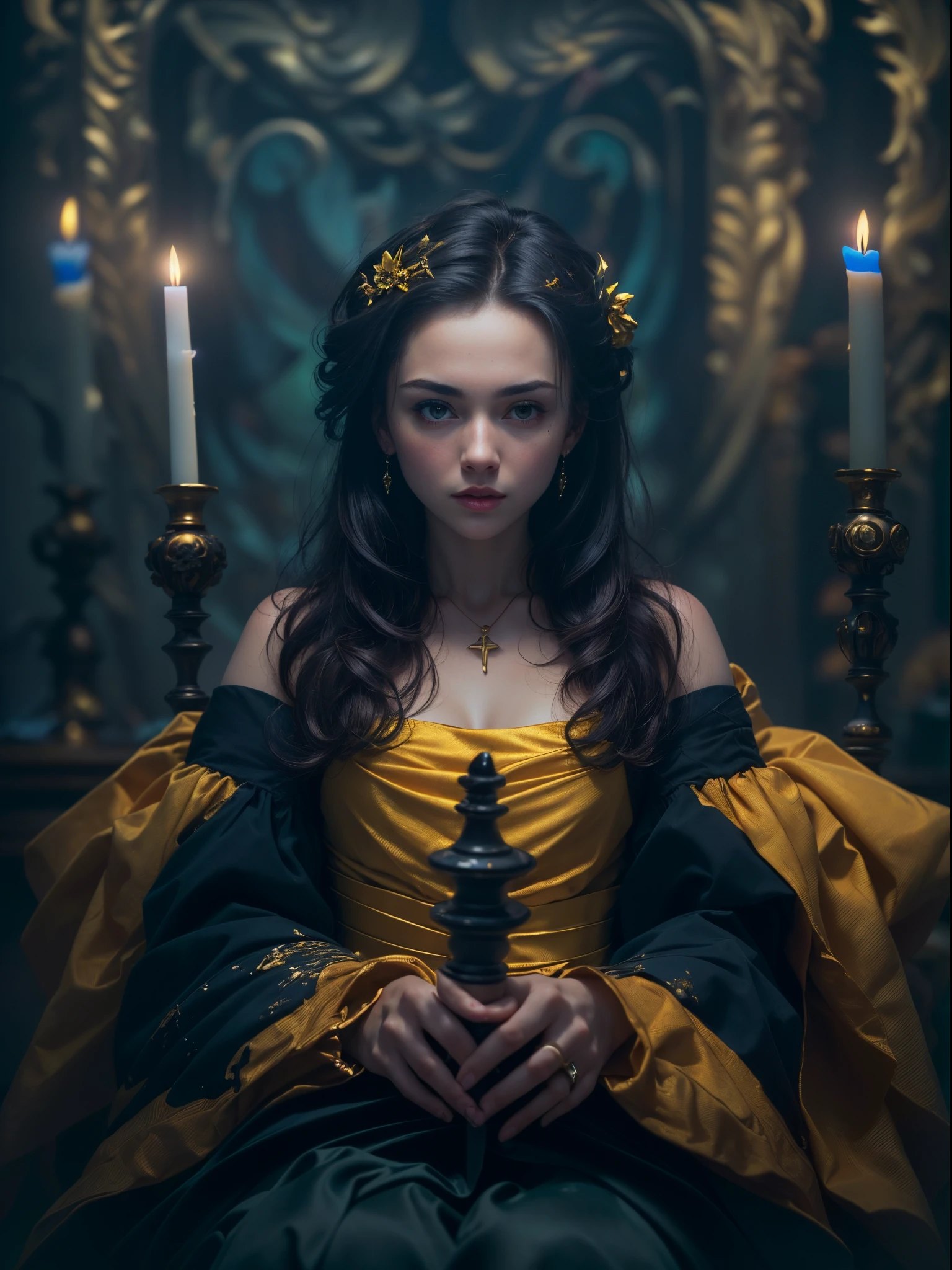 ((best quality)) , ((masterpiece)) , (detailed) , ((RAW photo)), (girl of [Hate|Luxury] :1.3) , they are dressed in Russian Piteado, The Piteado is dark violet, Sitting with hands around ankles, Hazy conditions, Illustration, Rule of Thirds, Atompunk, ((Candle light)), ((Cinestill)), ((Lomography Color 100)), F/2.8, Pastel Colors, Gilded, dark yellow explosions, 8K, 8k resolution