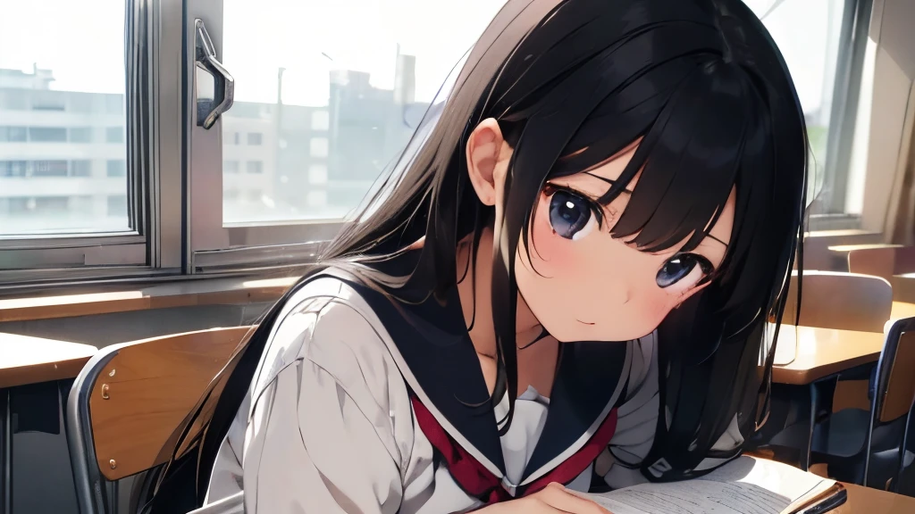 High School Girl、Studying in the classroom、summer clothing、long-sleeve、cloudy ash sky、Uniform is sailor suit、Plain but cute、Long Black Hair、The illustrations are in the style of romance manga or anime....。