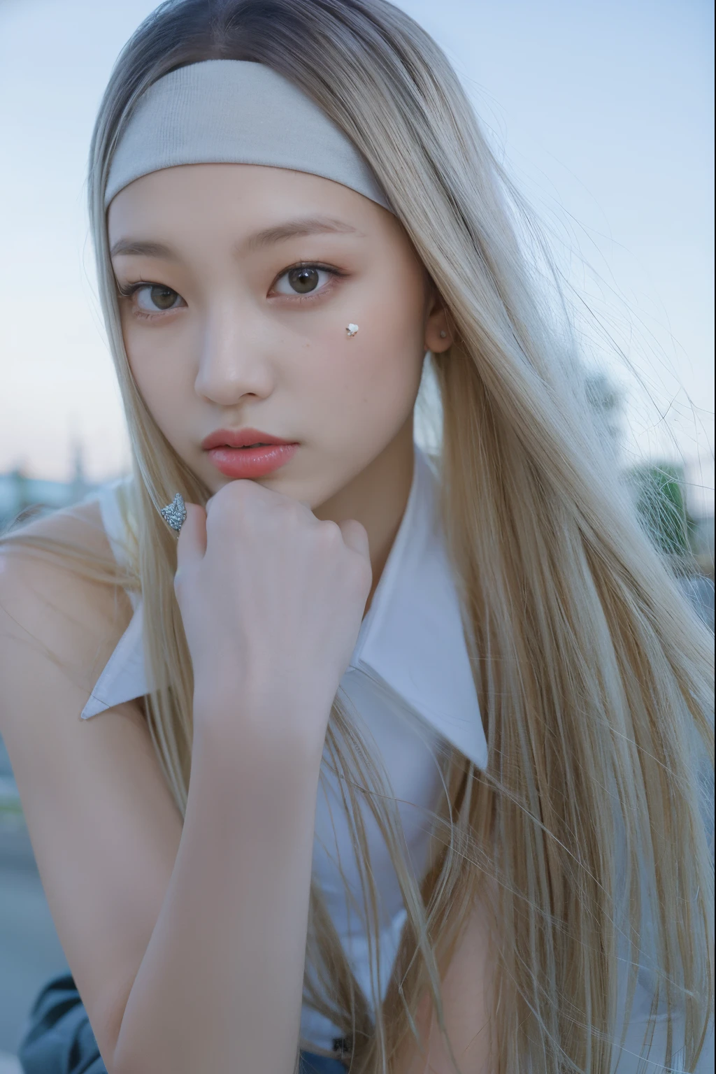 Blonde girl with earrings and white shirt posing for a photo, portrait of jossi of blackpink, captured on canon eos r 6, jaeyeon nam, roseanne park of blackpink, jossi of blackpink, sha xi, jimin, Jinyoung Shin, shot with Canon EOS R 5, photographed in a Canon EOS R5, taejune kim, Portrait of female Korean idol