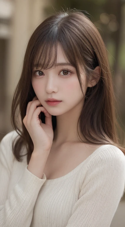finely detail, hight resolution, hightquality、Perfect dynamic composition, Beautiful detailed eyes, Medium Hair, small tits、Natural Color Lip,Kamimei、Shibuya、college aged、1 persons、Transparent skin、Glowing hair、masutepiece, Best Quality, Illustration, Ultra-detailed, finely detail, hight resolution, 8K、The correct state of the human body、model poses、long-sleeve
