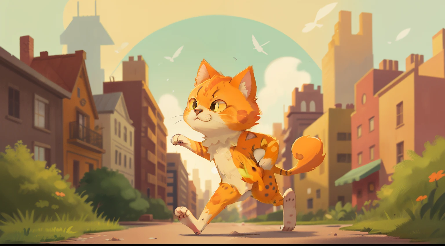 Disney-style cat, orange-spotted, green eyes, full figure, fluffy fur, long claws, cunning face, Runs through the middle of the city