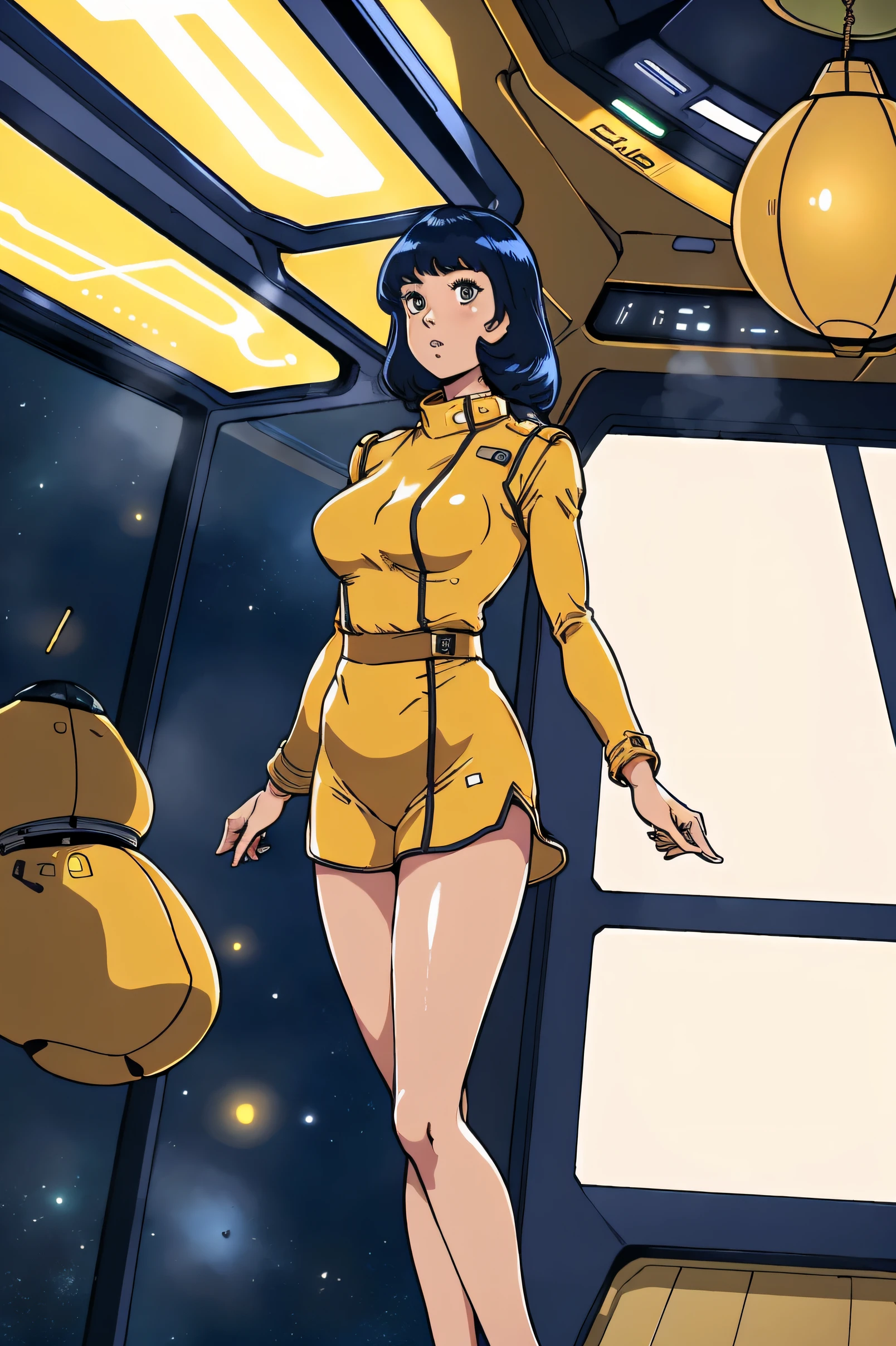 8k,(masterpiece:1.4)(best quality:1.4),(top quality), 1girl,fa yuiry, yellow dress,  uniform, inside spaceship, galaxy, window ,indoors,  standing,  looking at viewer,  solo focus,(shiny skin),steaming body ,full bodyshot, pale