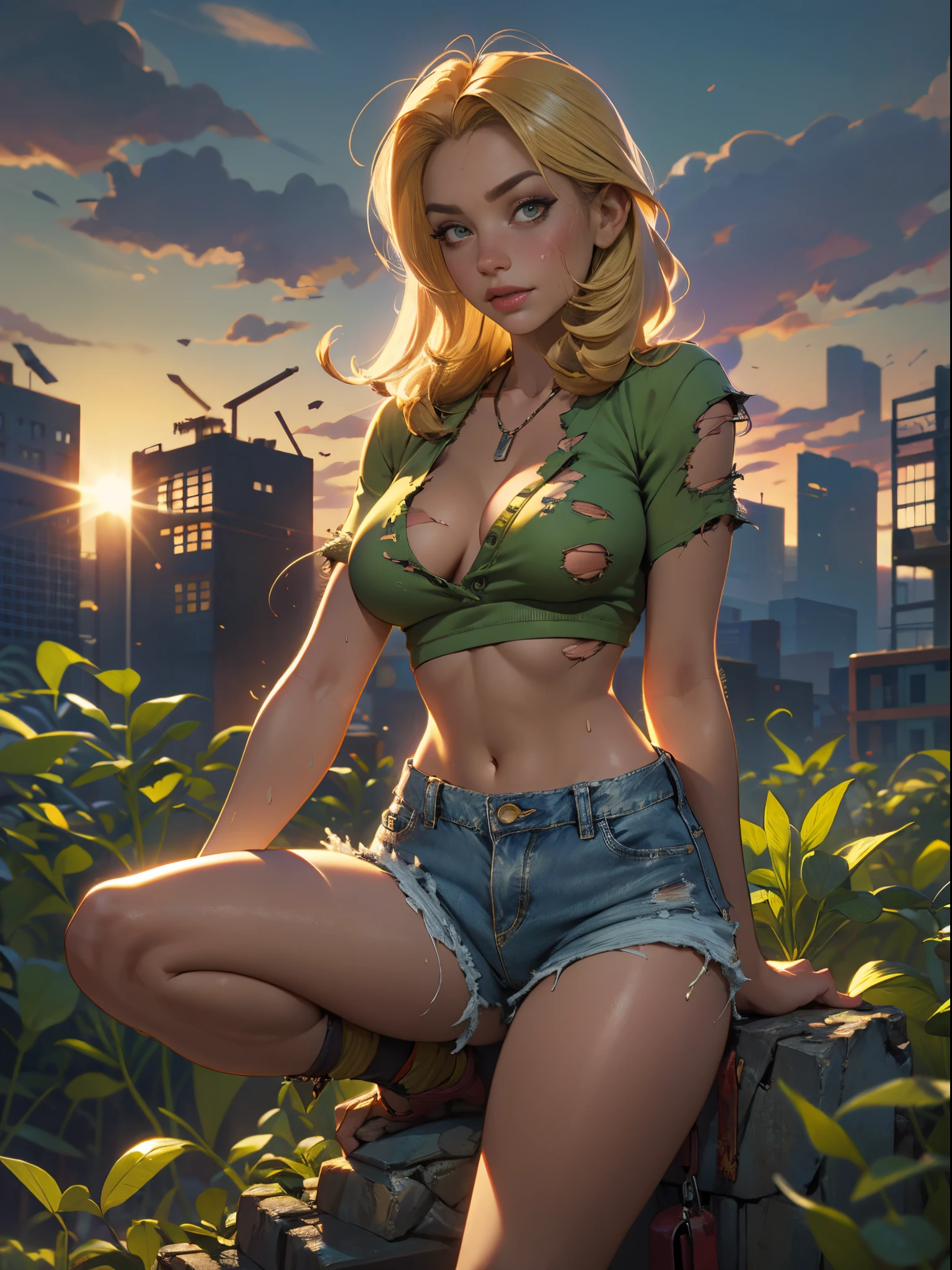 2076 year. The Urban Ruins of the Wasteland, Female huntress picking fruit in the garden, beautiful face, blonde, badly torn shirt and denim shorts , long legs, sweating through, sun rising, Nice warm colors, head to toe, full body shot, pretty hands, perfect fingers,