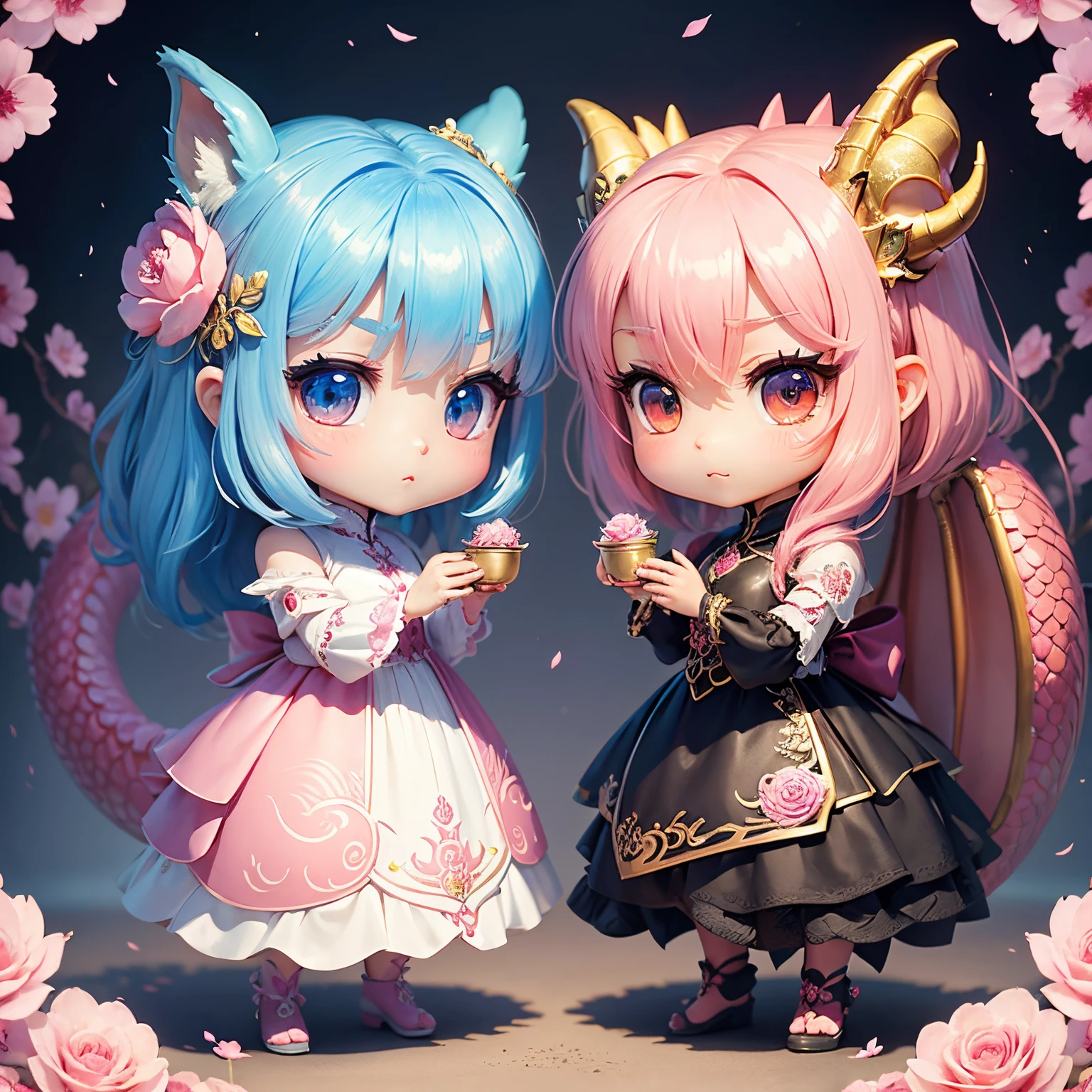 masterpiece、top-quality、ultra-detailliert、(Chibi character pink dragon:1.2)、dragon-like face、The dragon's scales、Blue rose flowers