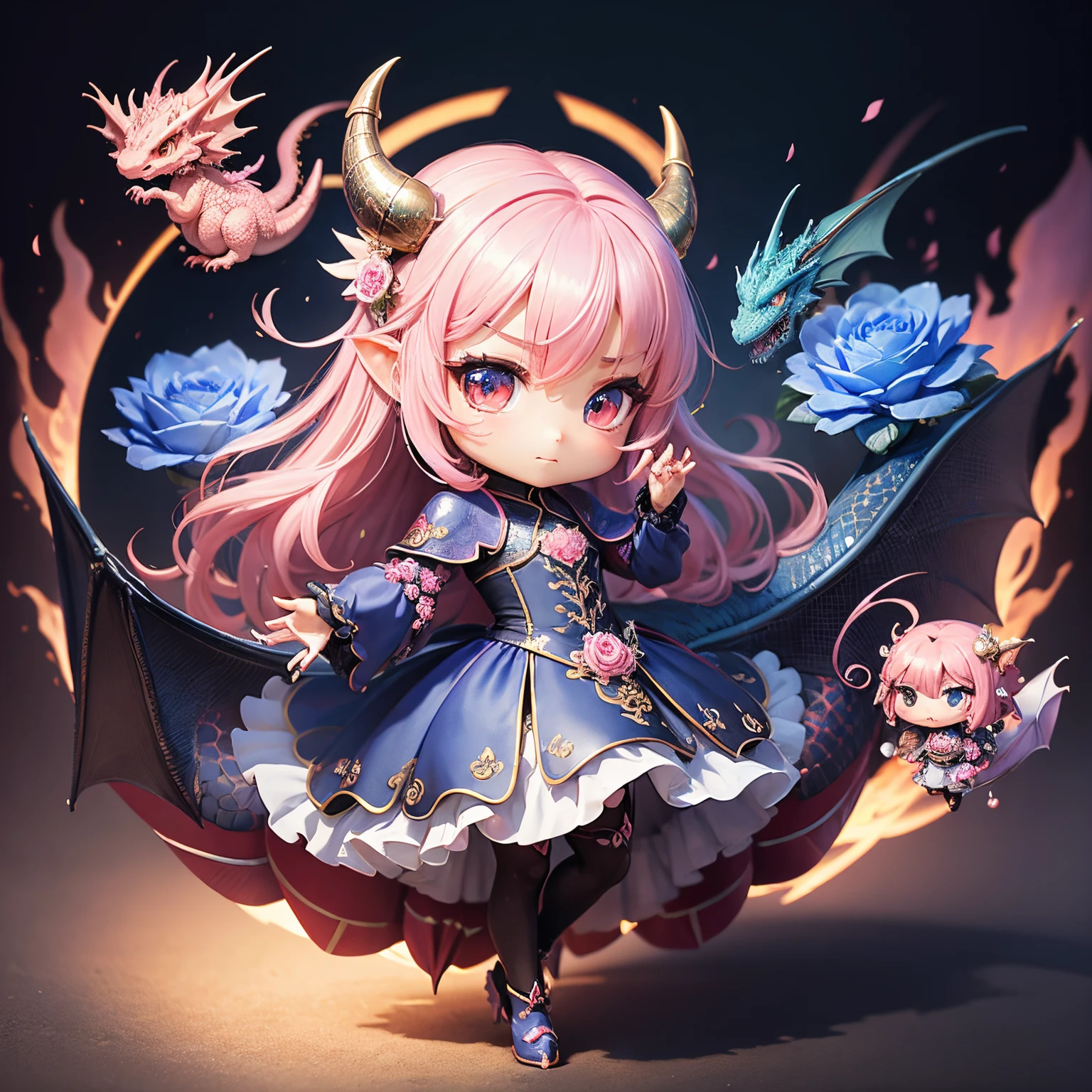 masterpiece、top-quality、ultra-detailliert、(Chibi character pink dragon:1.2)、dragon-like face、The dragon's scales、Blue rose flowers