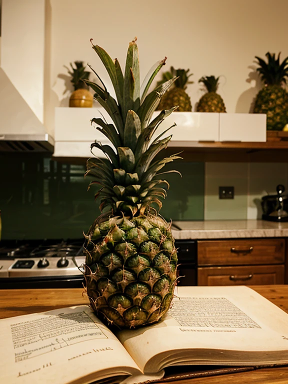 A pineapple next to the cookbook