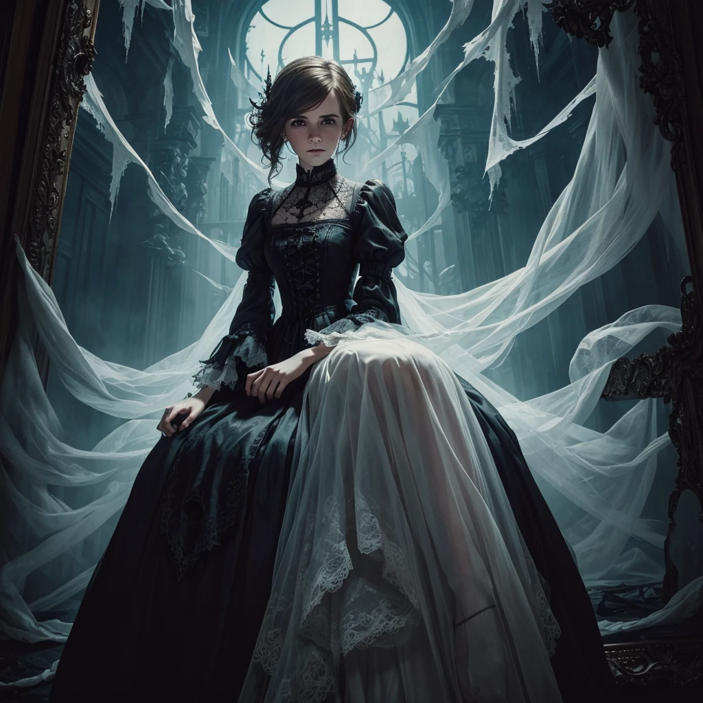 ghostlystyle, Emma Watson, ghostly hair, (transparent), gothic horror, tattered ghostly clothes, full body, trapped in a haunted oil painting, painting frame, hyperrealism, ghostly, trapped, (scared, panicked horrified), sittinh, hands on lap, peter mohrbacher, pierre terblanche, trending on artstation