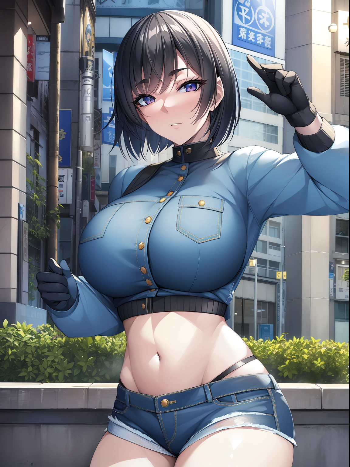 Masterpiece,8k, perfect face highly detailed,HDR, ultra realistic photoshoot, absurdres,award winning photo, extremely detailed, amazing, fine detail, 
KazAsuka, Japanese woman, blue crop top, big breasts, denim jacket and minishorts, short black hair, MMA gloves, posing for a picture, in the streets of Osaka