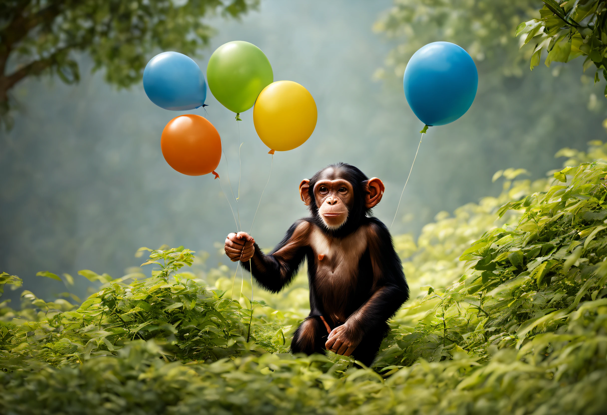 (best quality, 4k, 8k, high resolution, masterpiece: 1.2), ultra detailed, (realistic, photorealistic, photorealistic: 1.37), portraits, landscapes, colorful balloons, (playful chimpanzees play with balloons:1.42), atmosphere cheerful, vibrant colors, captivating landscapes, two cute chimpanzees, bright and sunny day, lush greenery, fluffy clouds, lively expressions, balloons floating in the air, colorful threads and ribbons, happy and carefree, curious and mischievous, delicate facial features, expressive eyes and smiles, soft fur texture, playful poses, beautiful lighting, sunlight filtering through the leaves, shadows dancing on the grass, magical and dreamlike, laughter and giggles, little fingers reaching for balloons, stimulating and energetic charm, irresistible, endearing scene, happy and charming moment.