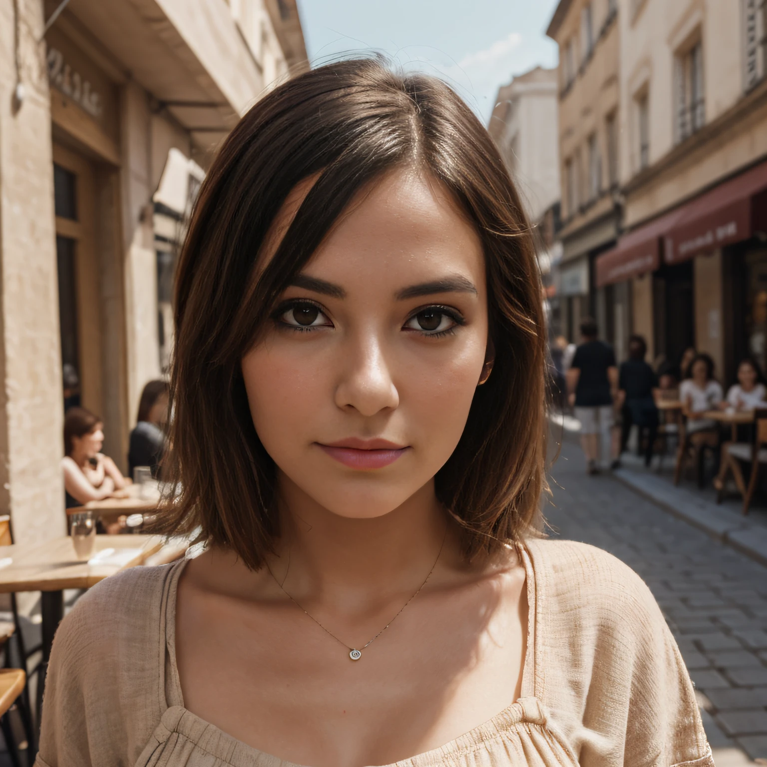 Photograph of a beautiful girl, on the terrace of a café, porte une jupe, Masterpiece, jouissant, fille, fille chaude, (((buste lourd))), cheveux bruns, long_cheveux, symmetrical face, photoreallistic, photographie, Phone camera, natural lighting, magnifique, clivage, occidental, Lo-fi, High resolution, Extremely detailed, peau avec pores, realistic lighting, natural light, Selfie, visage naturel, Taupes, instagram pose, Influencer, Low fidelity, imparfait