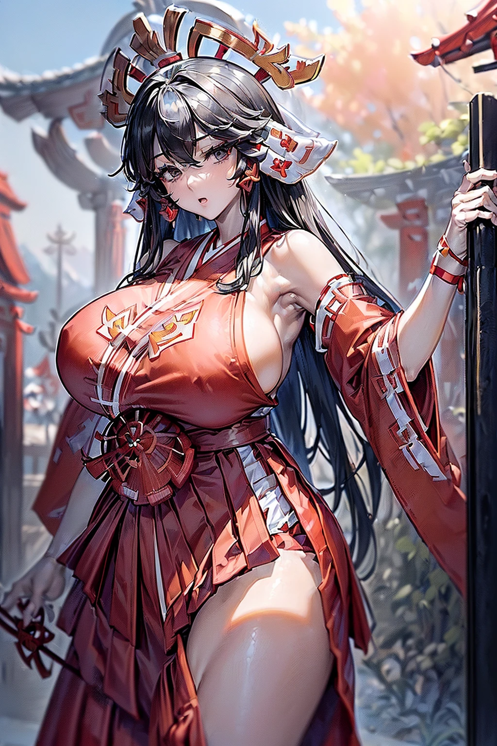 (((large ))) (((large areolae)))(((vulgarity))(((gigantic breasts))),(((large ))) (((gigantic breasts))),((((((Long black hair)))))(((vulgarity))(((Black eyes))),(((large areolae)))(((disproportionate breasts))),(((gigantic ))) (1girl),((masterpiece)), ((best quality)), ((highest quality)), ((ultra-detailed)), ((8k cg wallpaper)), ((extremely delicate and beautiful)), ((illustration)), ((1girl, solo)), ((shrine maiden outfit)), ((miko)), ((red skirt)), ((red hakama))