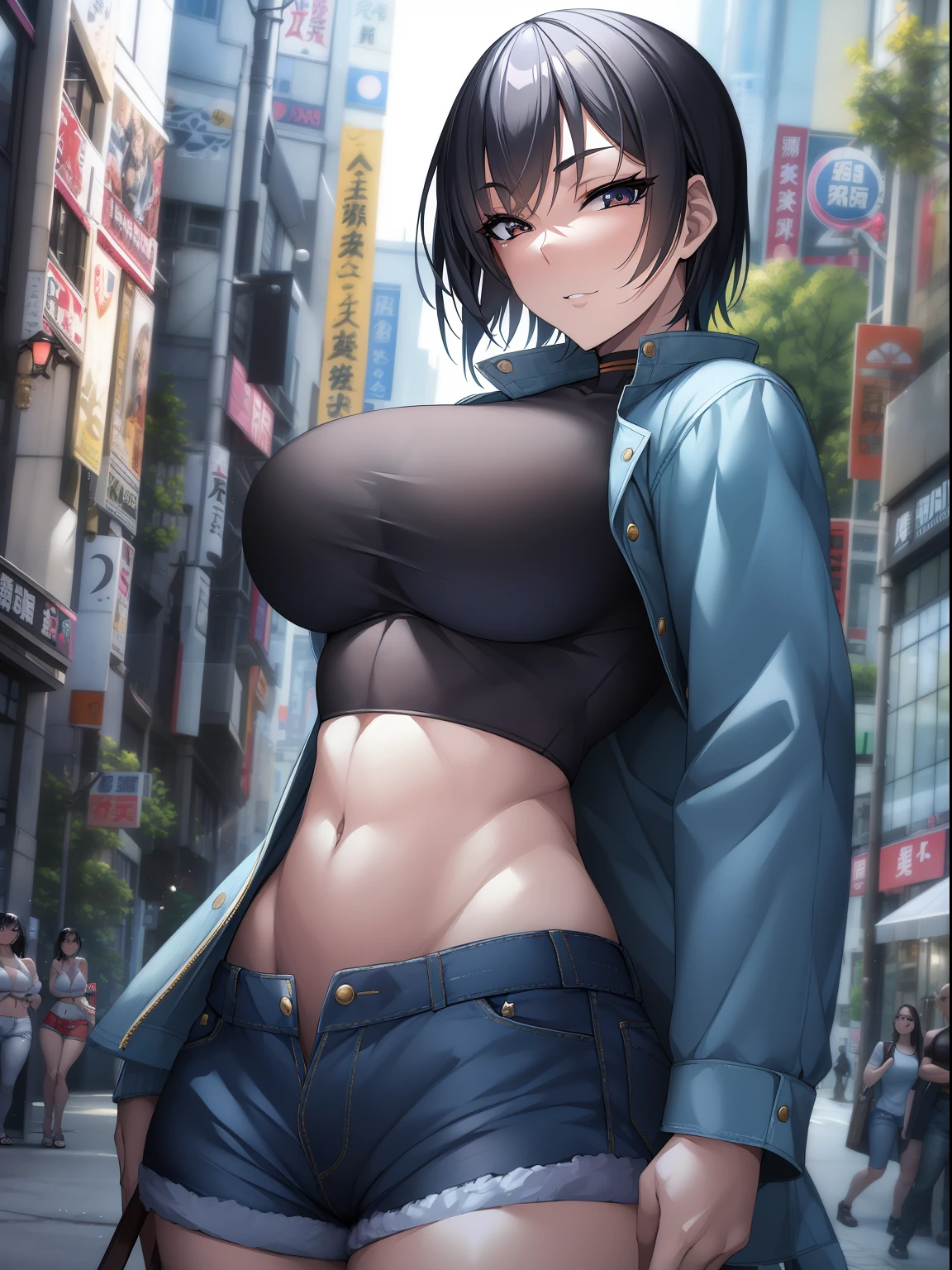 Masterpiece,8k, perfect face highly detailed,HDR, ultra realistic photoshoot, absurdres,award winning photo, extremely detailed, amazing, fine detail,
KazAsuka, Japanese woman, blue crop top, big breasts, denim jacket and minishorts, short black hair, MMA gloves, posing for a picture, in the streets of Osaka