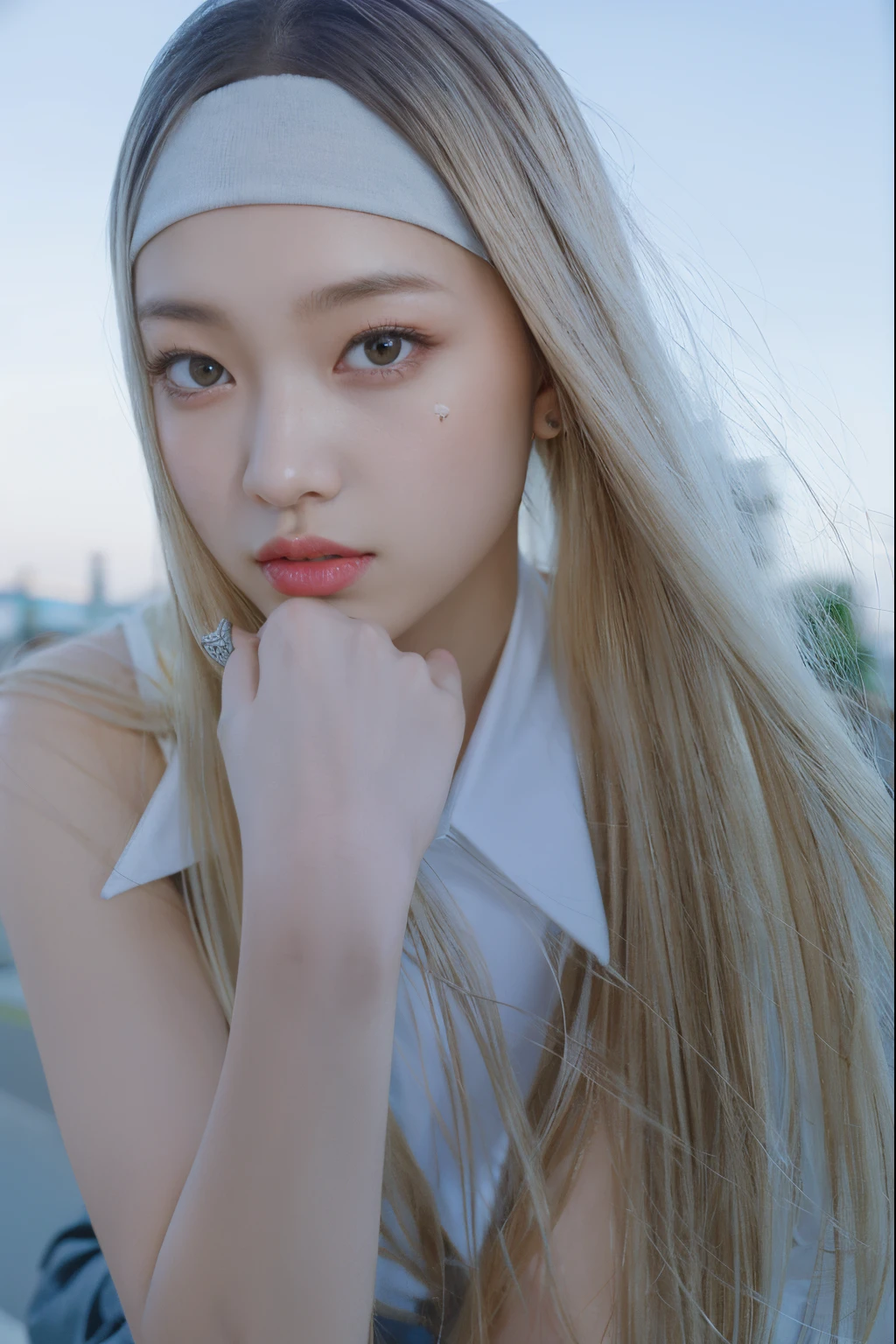 Blonde girl with earrings and white shirt posing for a photo, portrait of jossi of blackpink, captured on canon eos r 6, jaeyeon nam, roseanne park of blackpink, jossi of blackpink, sha xi, jimin, Jinyoung Shin, shot with Canon EOS R 5, photographed in a Canon EOS R5, taejune kim, Portrait of female Korean idol