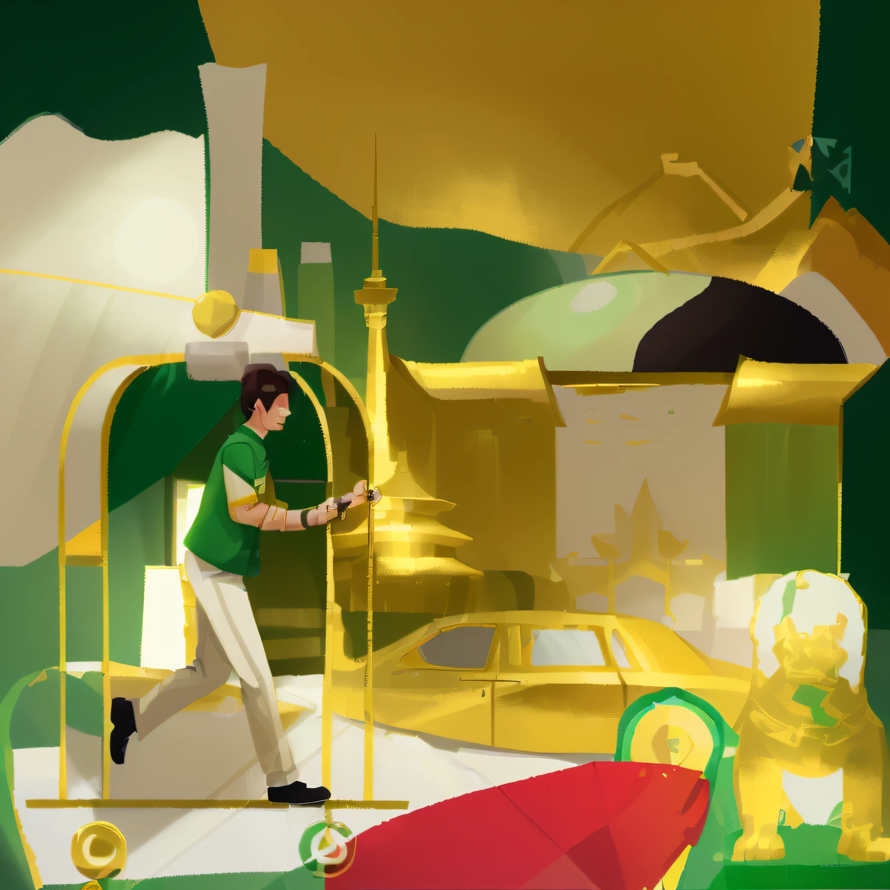 The main color is gold, white and dark green