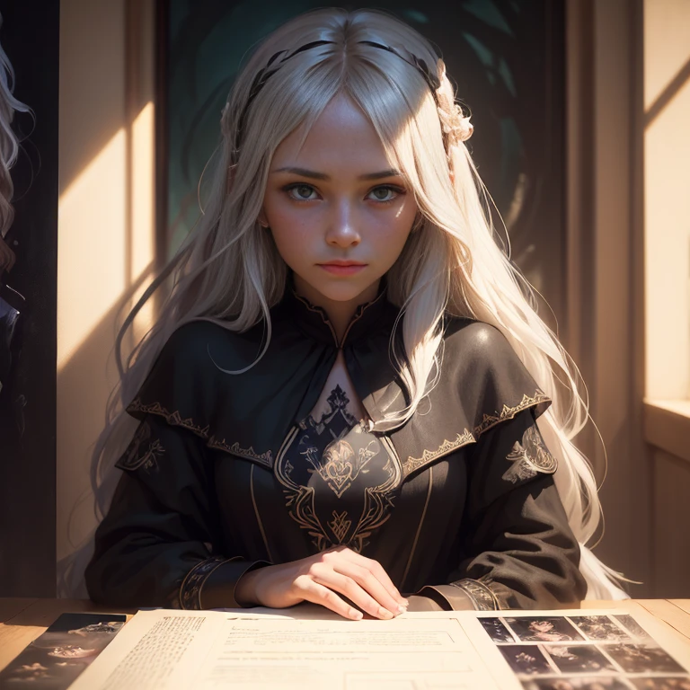 (Front Focus),(around dark:1.6), Hyperrealistic female portrait by David Hockney and Alphonse Mucha,Fantasy art, photorealestic, dinamic lighting, Artstation, Poster, voluminous lighting, Very Detailed Faces, 4 thousand., award winning,, 1girl, around dark, deep shadow, Low key,Cowboy shot,(Official clothing:1.4) ,Long hair,white colored hair,