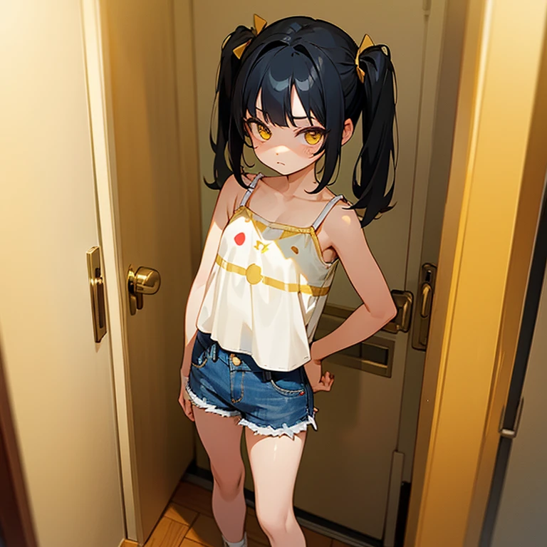 loli, black hair, twintails, gold yellow eyes, white camisole, blue denim shorts, red white sneakers, standing in front of bedroom door