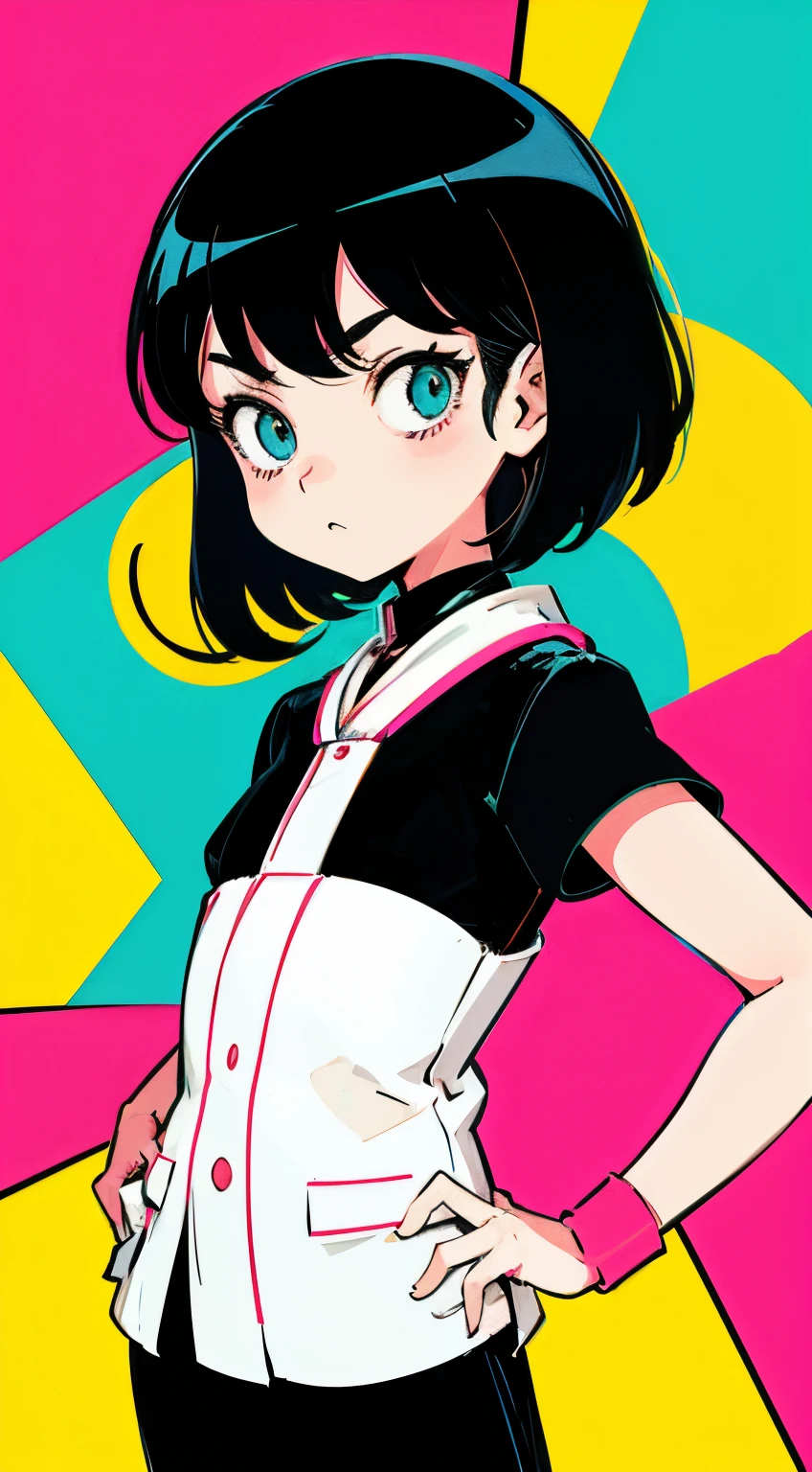 Cartoon girl wearing black clothes standing in the desert, lofi-girl, Inspired by Yumeji Takehisa, Cartoon vector style, change, Retro anime girl, illuminations!, Avatar picture, girl with black hair, Flat anime style, Cartoon minimalism, Flat vector art, flatillustration, Cartoon Cute, Anime portrait of Shiina Ringo