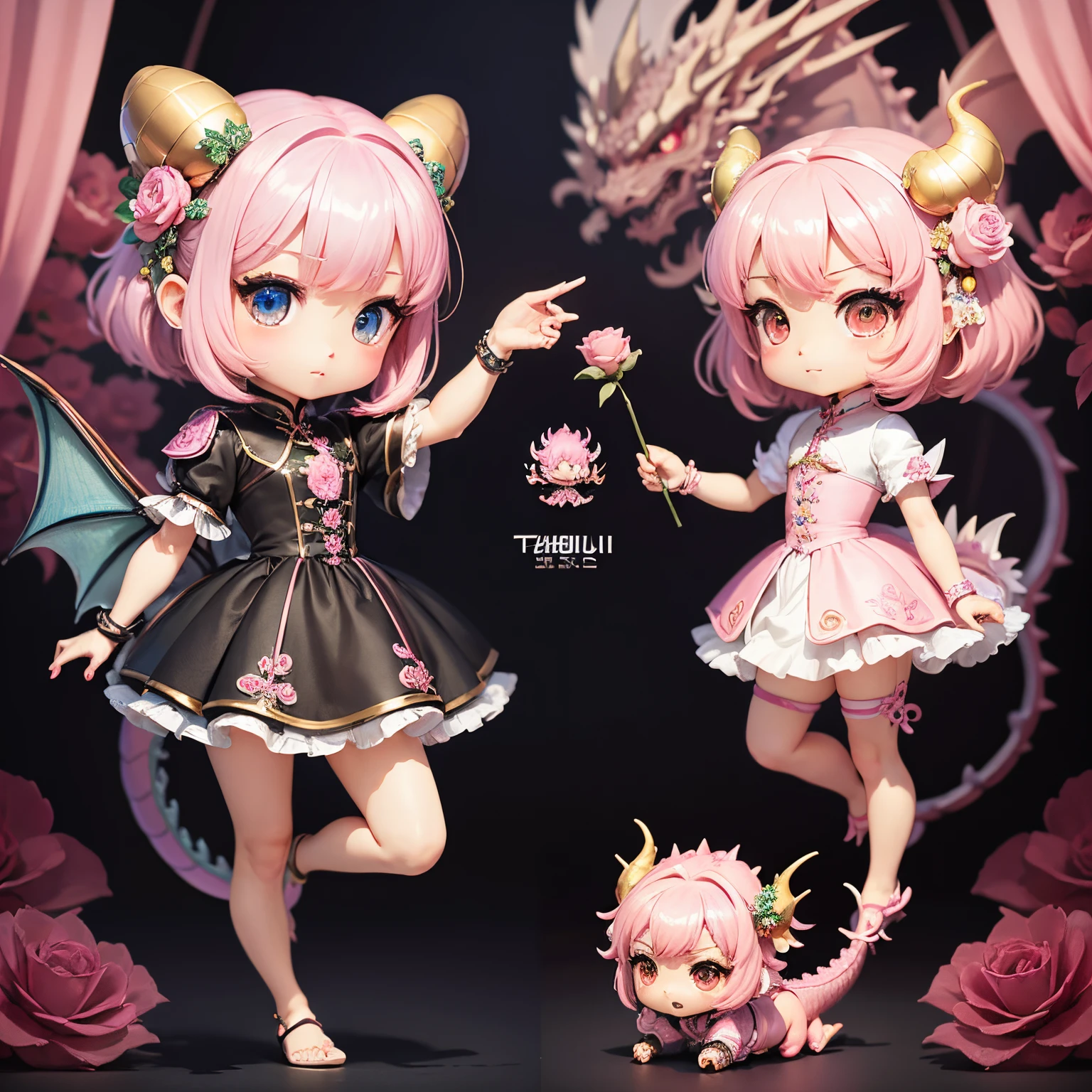 masterpiece、top-quality、ultra-detailliert、(Chibi character pink dragon :1.27)、toenails are sharp。Blue rose flowers