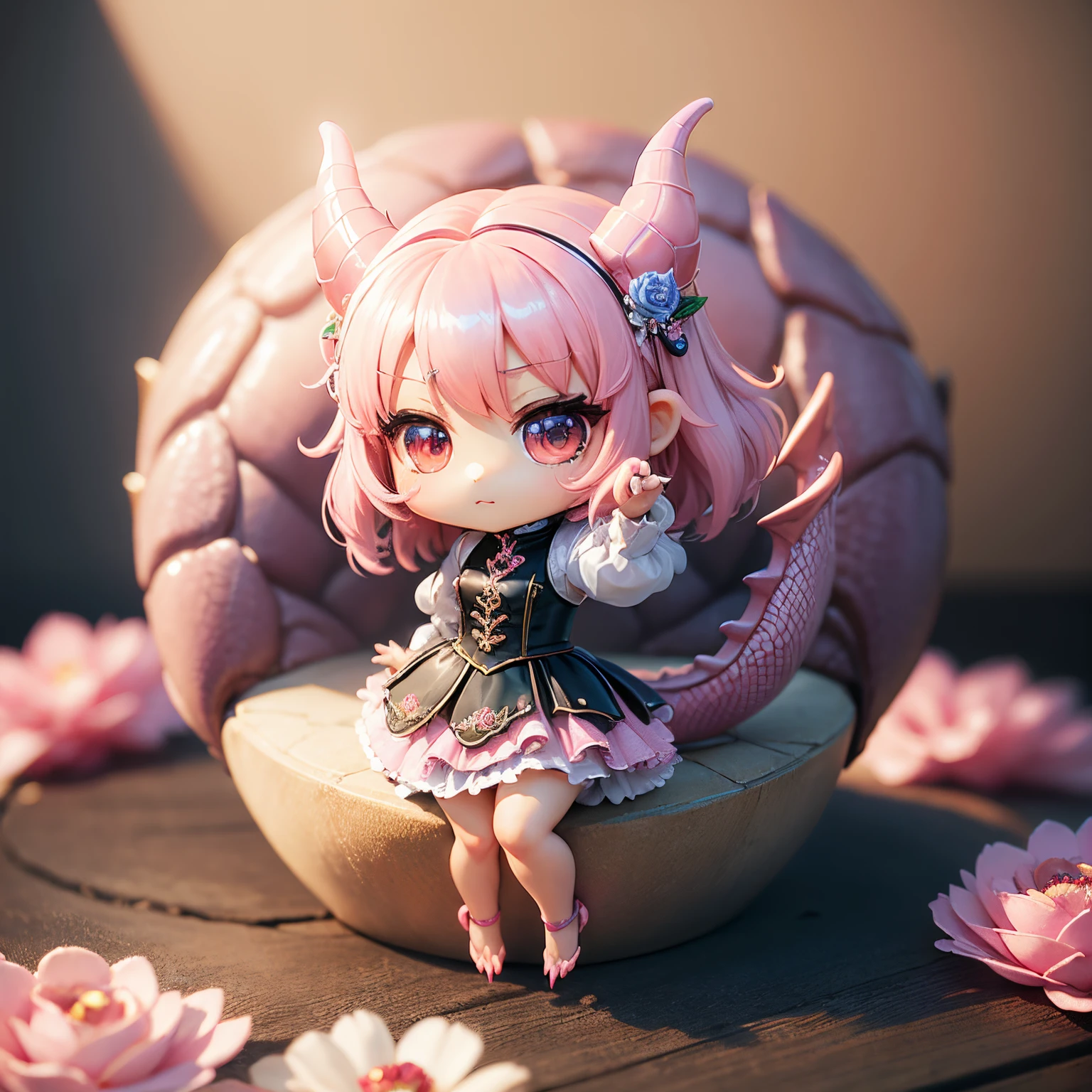 ​masterpiece、top-quality、ultra-detailliert、(Chibi character pink dragon :1.27)、toenails are sharp。Blue rose flowers