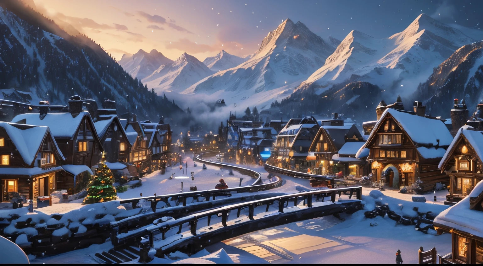 ((masterpiece)), (8k, high_resolution), (best quality), ultra-detailed, snowfall, snowy village with a train and a christmas tree in the middle, winter concept art, blizzard hearthstone concept art, background artwork, stylized concept art, town background, a bustling magical town, nightime village background, hearthstone concept art, fantasy town setting, hearthstone card game artwork, snowy winter christmas night, medeival fantasy town, magical village, town center background