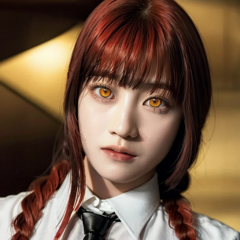 masterpiece, (photorealistic:1.4), best quality, beautiful lighting,
(ulzzang-6500:0.5), makima \(chainsaw man\), (red hair)+(long braided hair)+(bangs), yellow eyes, golden eyes, ((ringed eyes)), (white shirt), (necktie),
RAW photo, 8k uhd, film grain,HDR,4K