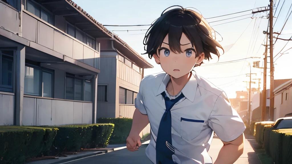(top-quality, Best Quality), (1 High school boy, ),short-haired, Cowboy Shot, In school uniform , White collared shirt, Blue tie、boy running、Clear eyes、running outside