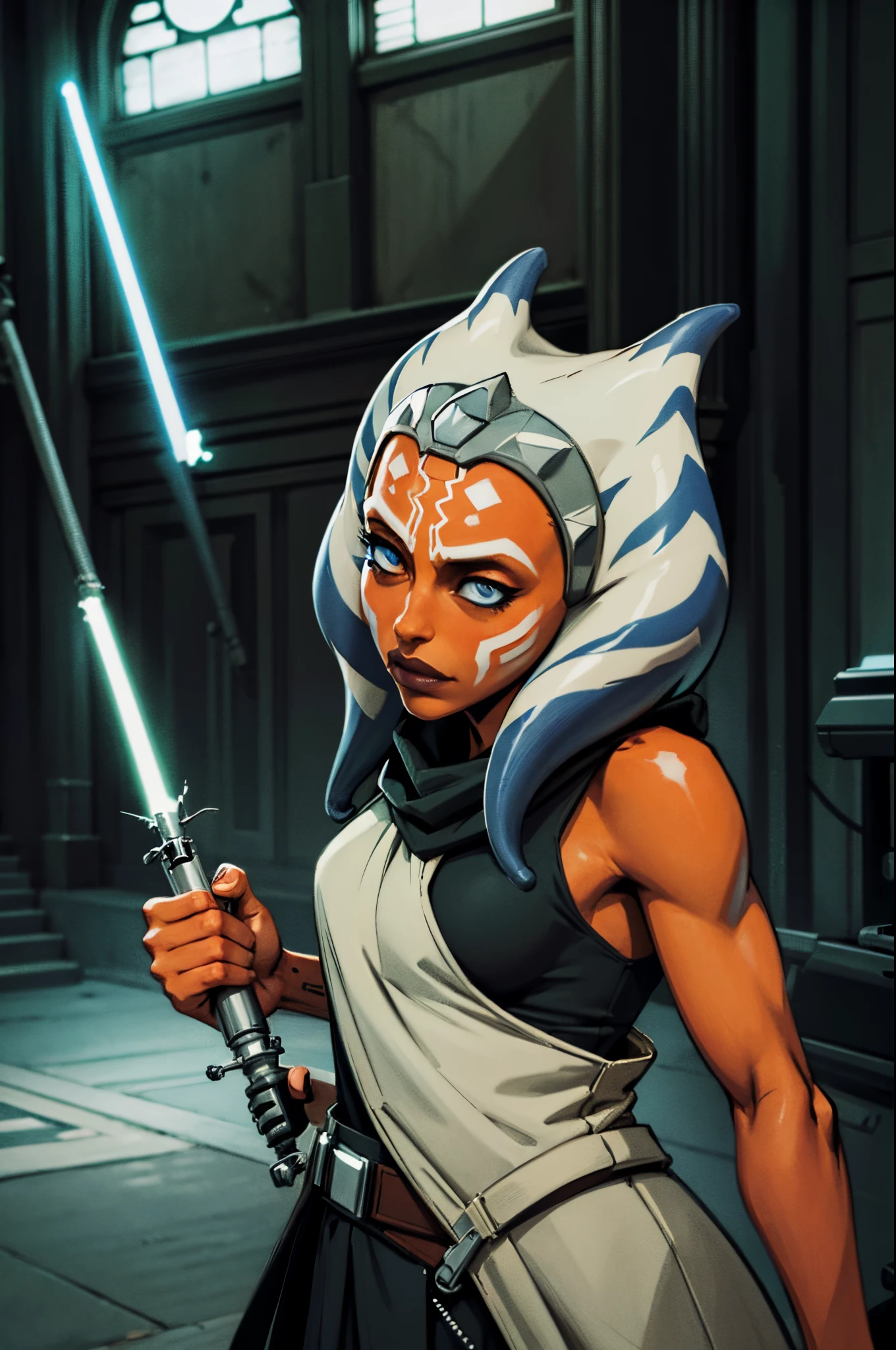 punk ahsoka_tano, orange skin, facial mark, tattoo witha lightsaber in a church