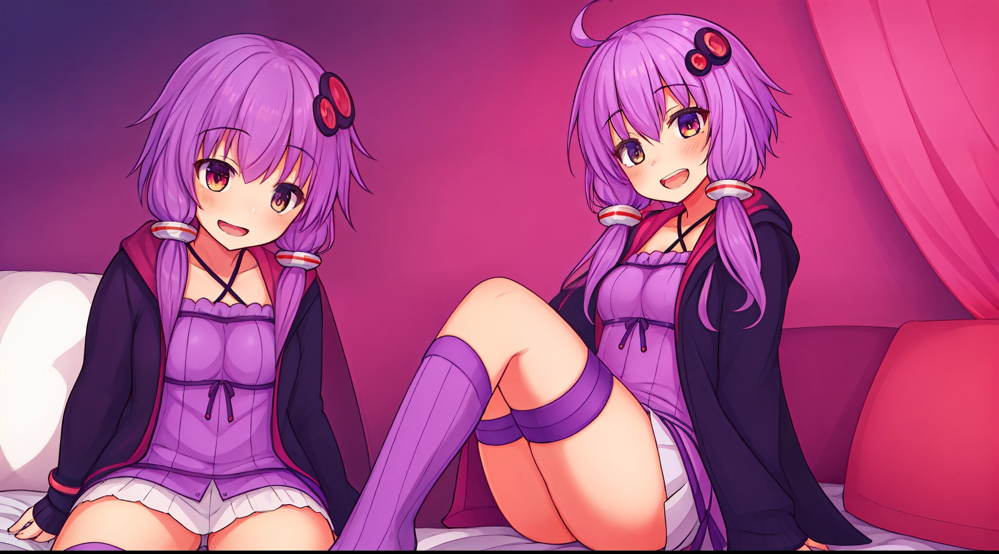 (masutepiece,Best Quality:1.4), (the Extremely Detailed CG Unity 8K Wallpapers), (High resolution), (Best Background Details:1.26), (Best Character Details:1.4), (1 girl), (Full body:1.2), highlight in eyes, purple thighhighs, Purple panties, Indoors, Sitting at the bedside, The sun is shining through the window, (From below:1.4), Looking down, Looking at Viewer, And (masutepiece:1.4, Best Quality:1.4), Ultra-detailed, Illustration, (High resolution), (Best Background Details:0.8), (Best Character Details:1.3), (kizuna akari:1.4), (1girl in:1.4), (Solo), (braid), (Striped), (Twin braids), (White hair), (Hair Ornament), (Orange pantyhose), (Panties under pantyhose:0.6), (Blue eyes), Heart-shaped pupil, (grinning evily), pureerosface, (Open mouth), (Ahoge), (Fingerless gloves), Skirt, Long sleeves, gloves, Jacket, blush, orange gloves, (Indoors), (Sitting on the bed:1.3), From below, breasts, No shoes,