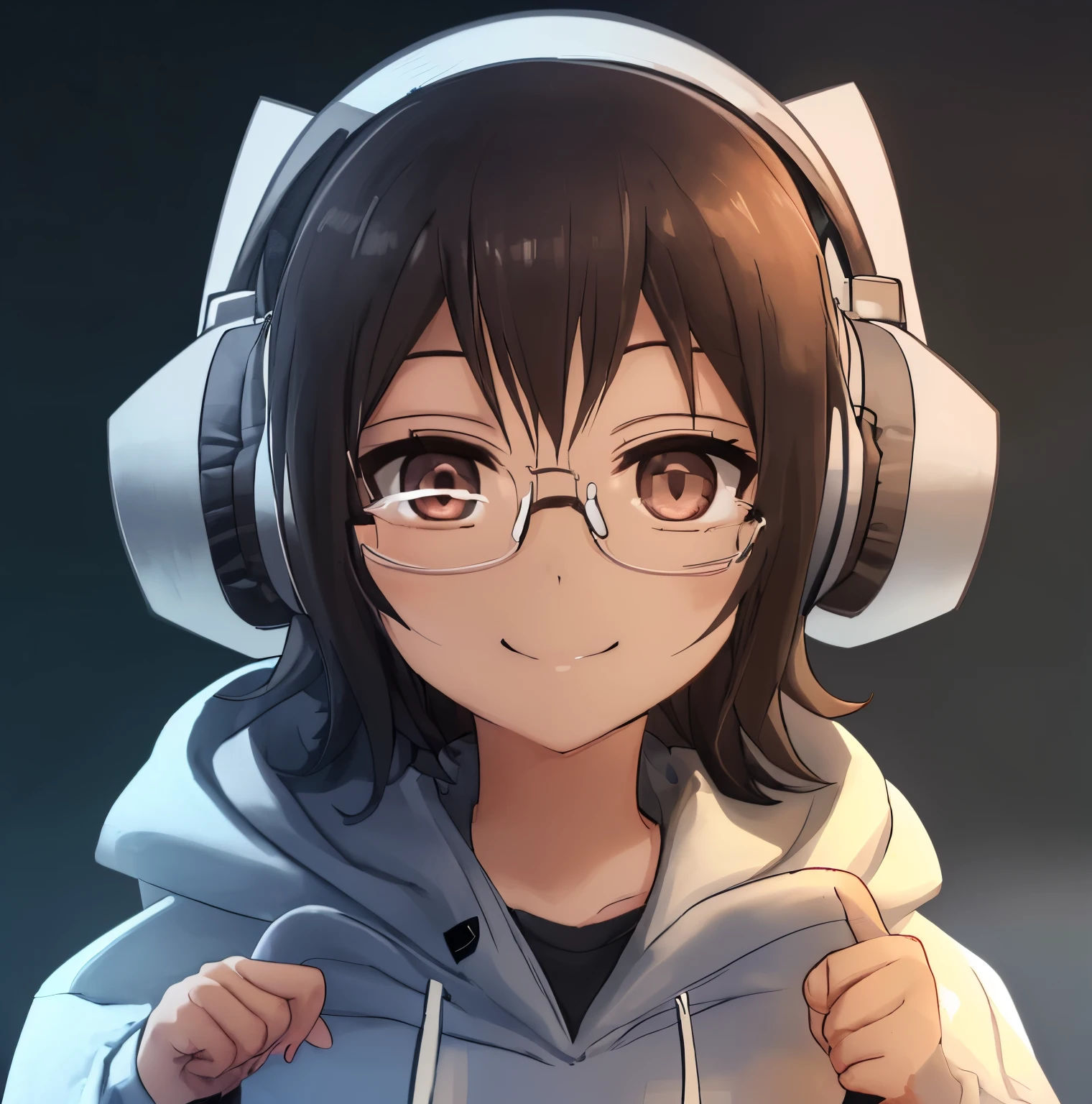 smile girl, gray hoodie, black rimmed glasses, big headphone, geek