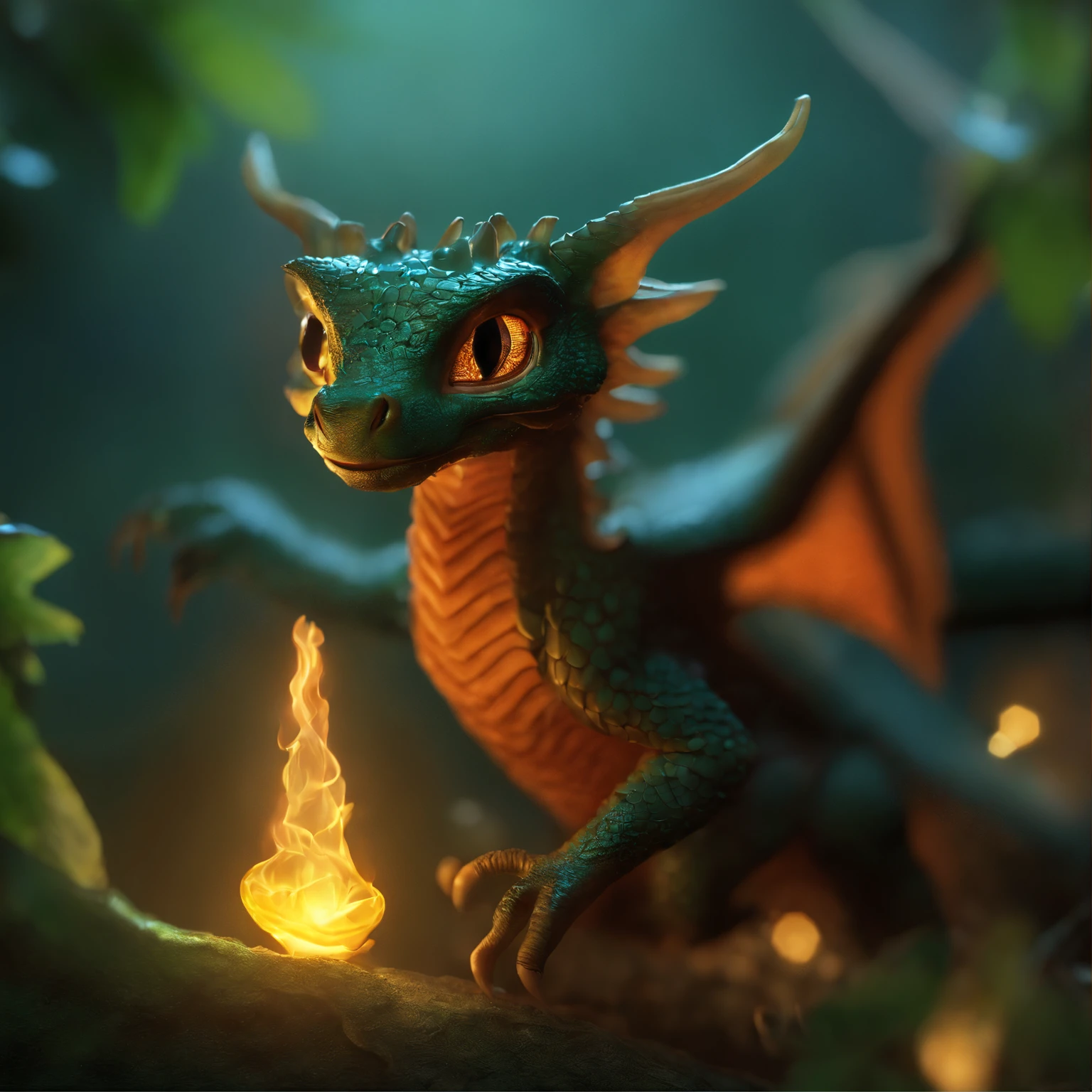 close-up of cute little fireflies, lighting up a bush, detailed picture, cgsociety, Detailed painting, artstation hd, higly detailed, cgsociety, photo realism, ConceptArt, artstation hd, official arts, bokeh ,In the cave,Small male goblins, likeness of a dragon, leathery wings, Antlers..Static movement, dragon catches fire.