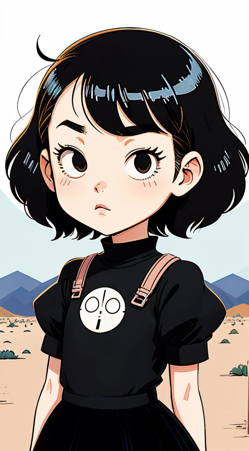 Cartoon girl wearing black clothes standing in the desert, lofi-girl, Inspired by Yumeji Takehisa, Cartoon vector style, change, Retro anime girl, lamplight!, Avatar picture, girl with black hair, Flat anime style, Cartoon minimalism, Flat vector art, flatillustration, Cartoon Cute, Anime portrait of Shiina Ringo