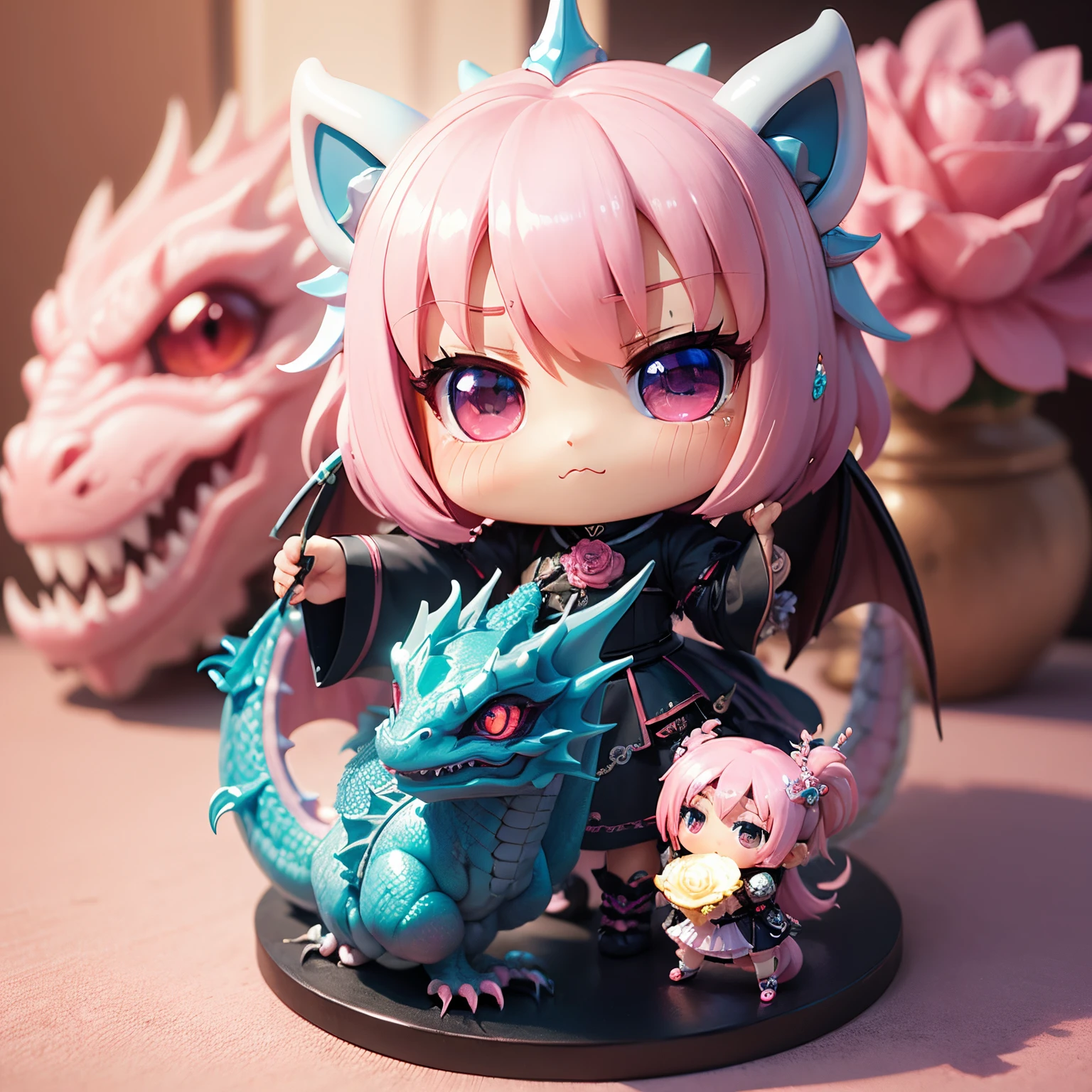 masterpiece、top-quality、ultra-detailliert、(Chibi character pink dragon :1.27)、sharp toenails。Blue rose flowers