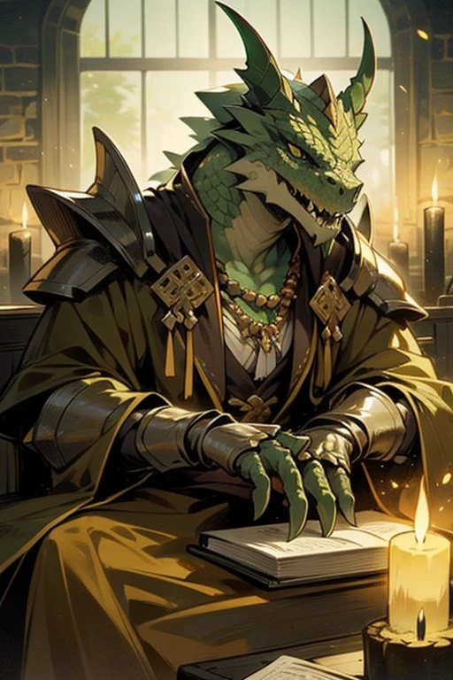 beautifull green dragonborn, solo, green eyes, male, sitting, male focus, striaght black horns, teeth, indoors, green and gold robes, book, glowing, sharp teeth, gauntlets, shoulder armor, green amulet, candle , ((masterpiece, best quality)), muscle