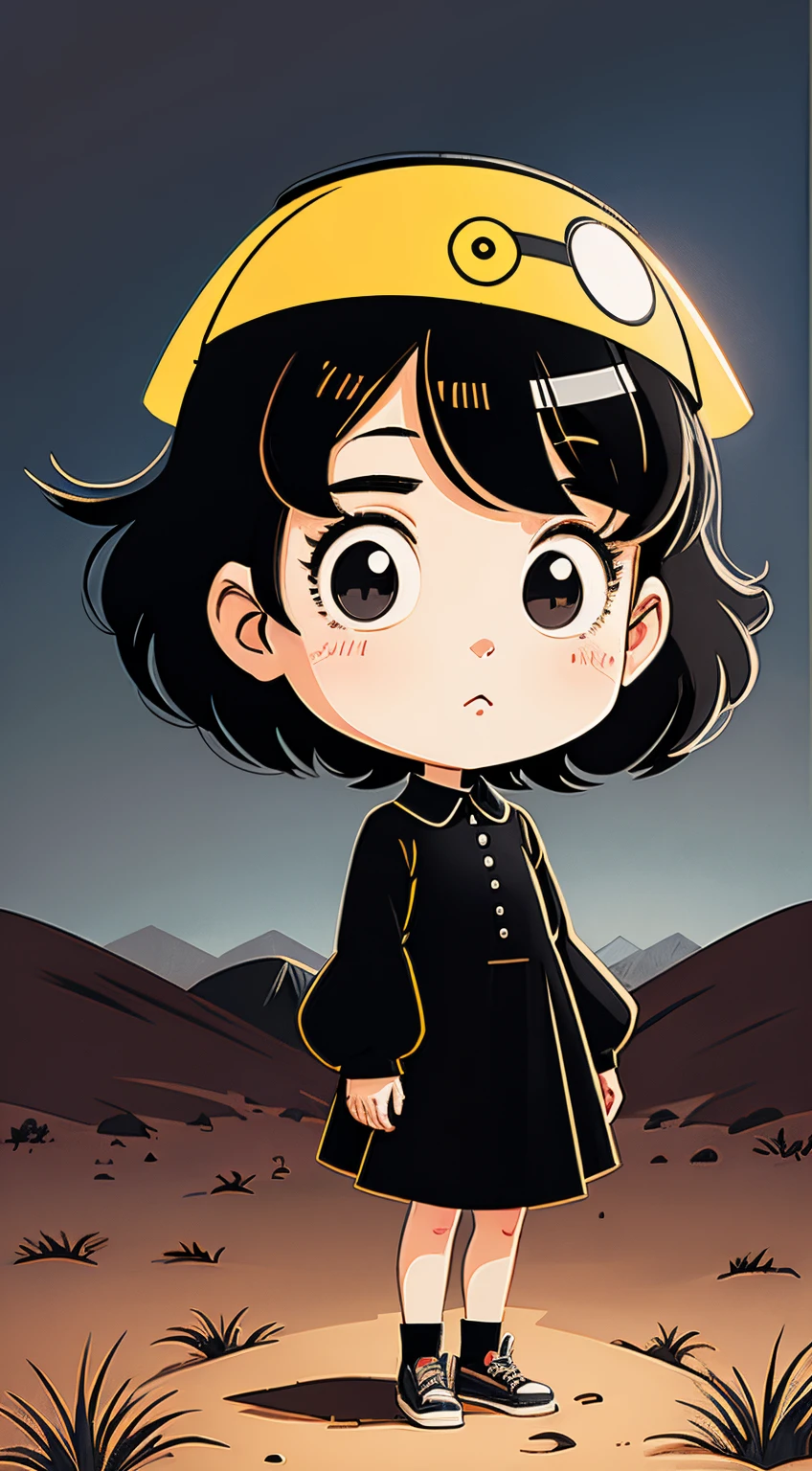 Cartoon girl wearing black clothes standing in the desert, lofi-girl, Inspired by Yumeji Takehisa, Cartoon vector style, change, Retro anime girl, lamplight!, Avatar picture, girl with black hair, Flat anime style, Cartoon minimalism, Flat vector art, flatillustration, Cartoon Cute, Anime portrait of Shiina Ringo