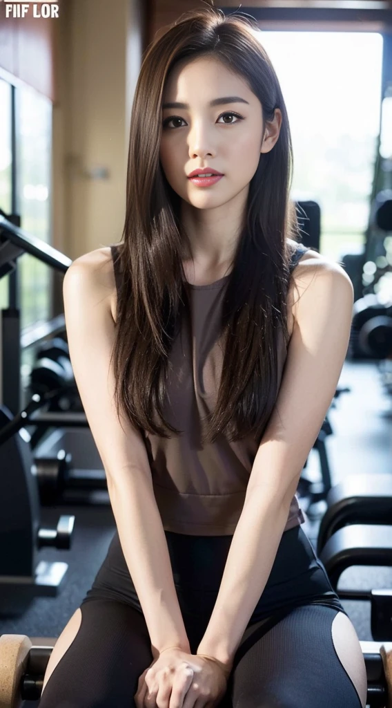 dark brown hair、Light brown eyes、The face of the Japan actress、adult lady、looks like him'i'i'i'i'i'i'i'i'i'i'I'm about 40 years old、(intricate-detail:1.2)、(top-quality:1.4)、 (超A high resolution:1.2)、超A high resolution、(A detailed eye)、(detailed facial features)、nffsw、8K resolution、moderately sized udder、length hair,fitness,i'Training in the gym,