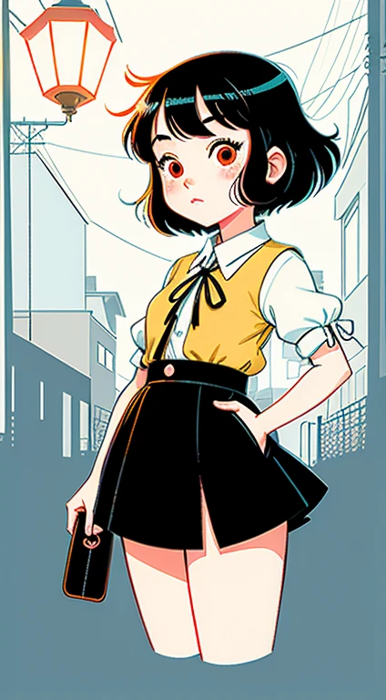 Cute baby-faced girl、,Very chibi,Very short,Brown eyes,freckles,Thick eyebrows,Blunt bangs,Anatomically correct、Top Model、Abstract background、Short dress,spats, upskirt, panties focus, front view