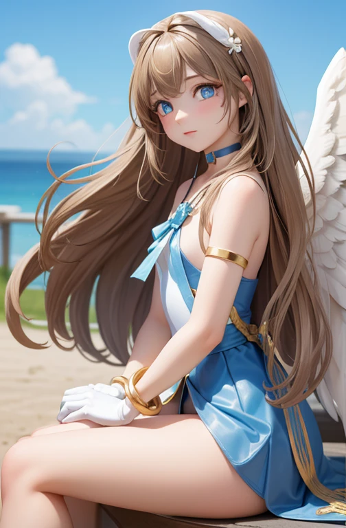 (masterpiece), bestquality, high-res, Bell Dandy, long-haired, Blue Eyes, brunette hair, facial mark, Forehead marker, gloves, wings, choker, bracelet, rings, body hair, angel wings, View from the side:0.6, (Forrest:1.1), Seated,