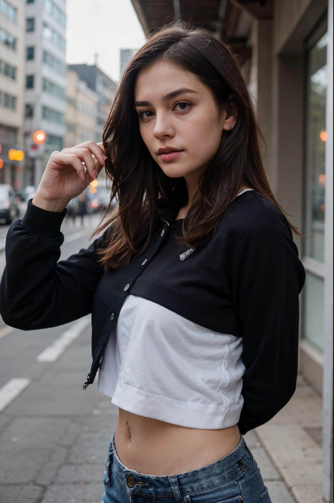 photography of a 20yo woman, perfect face, masterpiece, black_pullover, jacket, black_jeans, close to face, profile picture, close, same face, fully clothed, no brand, seductive,