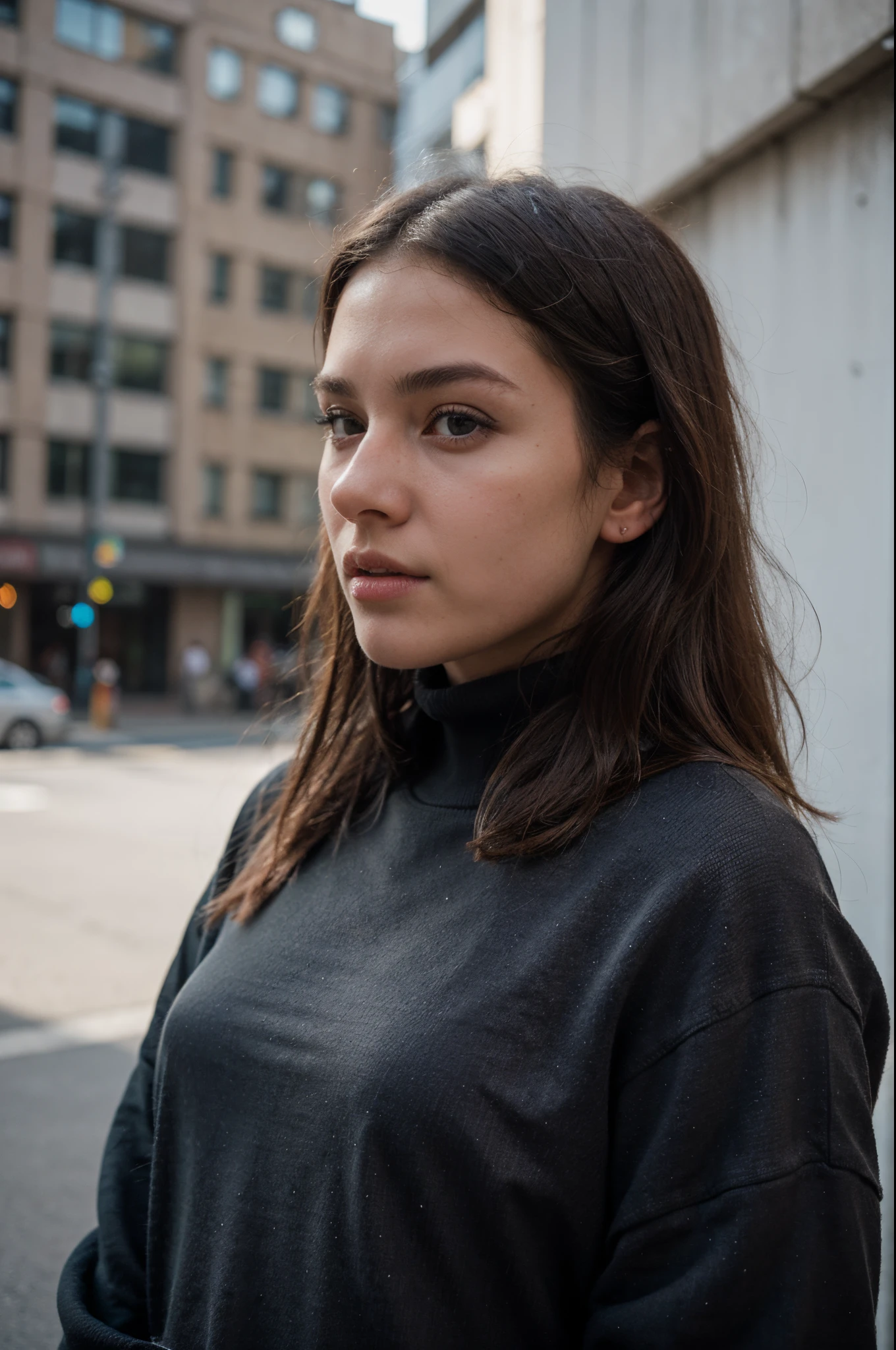 photography of a 20yo woman, perfect face, masterpiece, black_pullover, jacket, black_jeans, close to face, profile picture, close, same face, fully clothed, no brand, seductive,