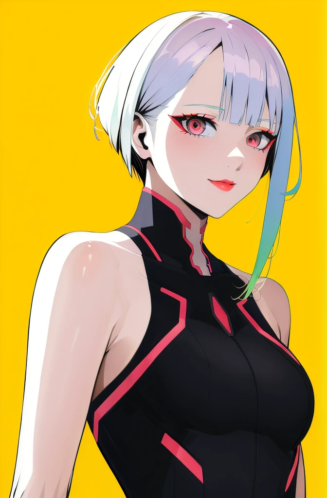1 plump girl, lucy \(cyber punk personage\), Alone, looking at viewert, cyber punk personage, Short hair details, yellow backdrop, ssmile, exposed bare shoulders, Red eyeliner, cosmetics, Redlip, back to look back, Parted bangs, Upper part of the body, Cyborg, Multicolored eyes, tightsuit, close your mouth, White hair ,cyber punk personage \(series\), cyber punk edge runner,(A mature woman),(tmasterpiece:1.2),(Best quality:1.2),blue color eyes