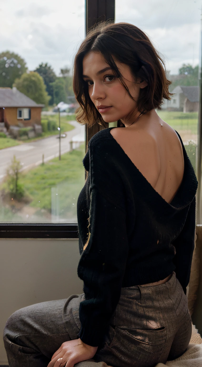 8k, RAW photo, Fujifilm, style photo of the back of a beautiful dark haired young woman as avril seen from behind sitting by a large window in a cottage with a rainy english country landscape (highly detailed skin: 1.2) Style-Petal BREAK short hair, black shoulder-length messy hair, skin texture, wearing a wool sweater and velvet trousers with a cottagecore style, film granulation, 35mm, cute style,(tilted:1.3) under a spotlight, volumetric dust clouds, key light, backlight, soft natural lighting, photography Film grain ISO 400 30 mm lens RAW f1.8 aperture, highly detailed (analog photography:1), colors hdr, cottagecore, heavily dressed with a large wool sweater and velvet trousers