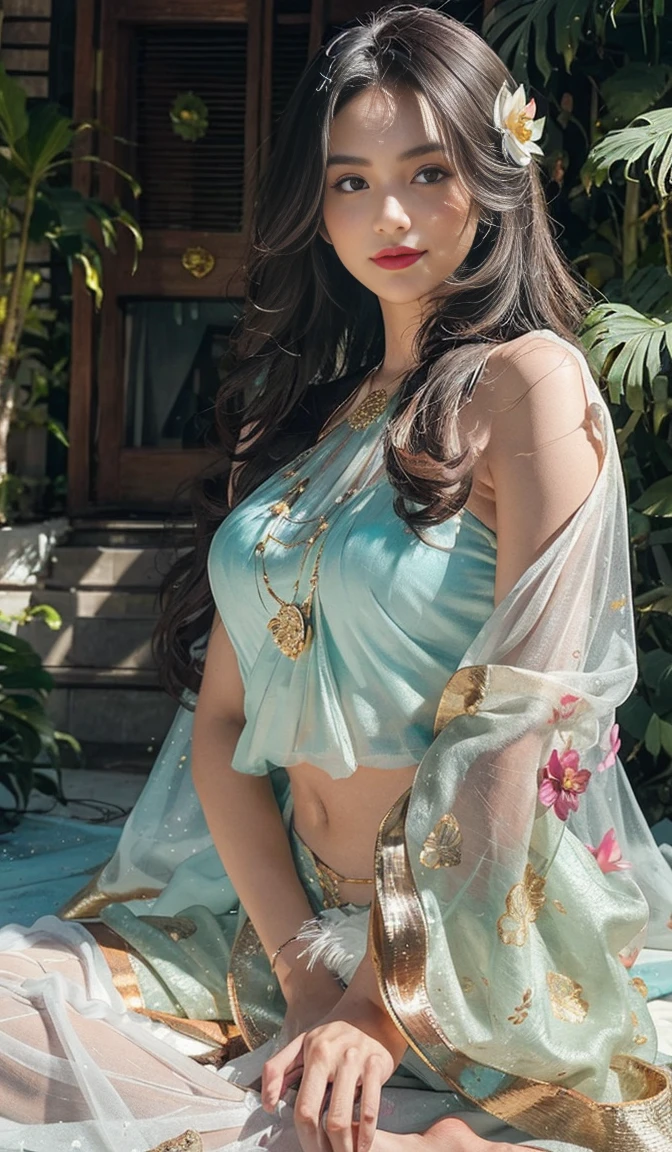 angiemstwn,a girl,wearing an elegant 100% transparent saree,curly long hair,deep black eyes,shiny red lips,brown skin,lotus flower in her hair,bindi on forehead,palms decorated with henna,in a blooming garden,bright colorful flowers,green grass,blue sky,sunshine falling on her,peaceful and serene expression,subtle smile on her face,fingers delicately touching flower petals,body language full of grace and elegance, scenic beauty,painting as medium,detailed and vivid,high-resolution image,photorealistic rendering,vibrant colors,soft and warm lighting, her boobs exposed, pussy,  and clitoric can be seen